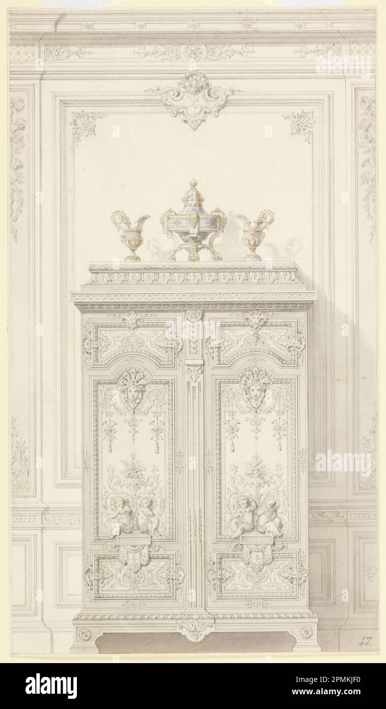 Dessin, conception d'une armoire à chambre de style Louis XVI (armoire pour une chambre à coucher de richesse, style Louis XVI); architecte: Alexandre-Eugène Prignon; France; graphite, crayon de couleur, pinceau et aquarelle sur papier crème ; 42,3 x 24,3 cm (16 5/8 x 9 9/16 po) Banque D'Images