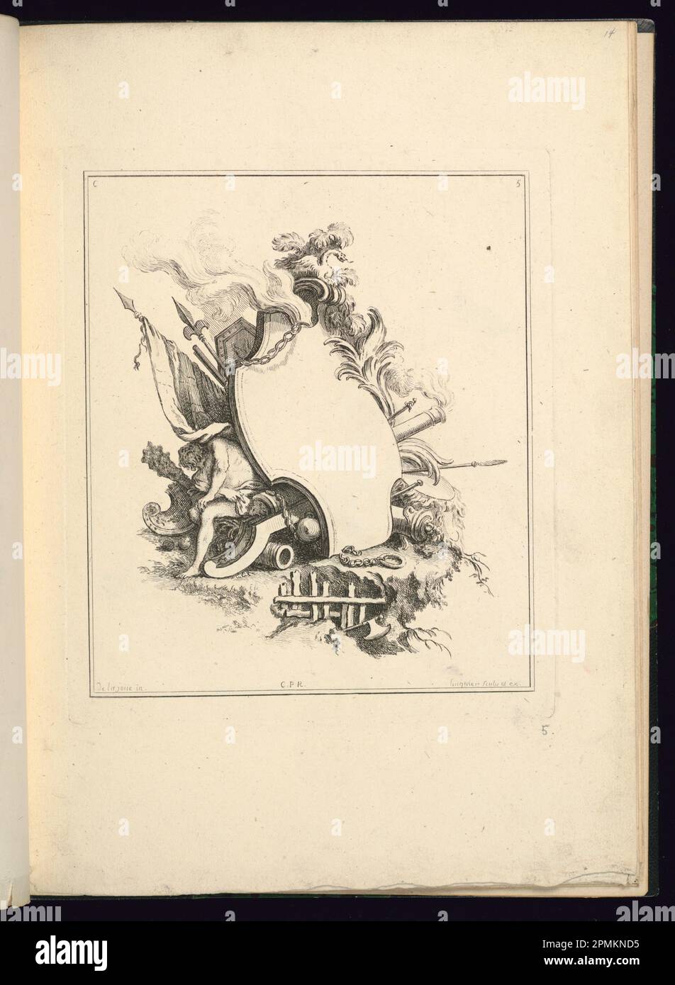 Imprimé, Design for a Cartouche Evoking War; conçu par Jacques de Lajoüe (français, 1687–1761); gravé par Gabriel Huquier (français, 1695–1772); France; gravure sur papier blanc Banque D'Images