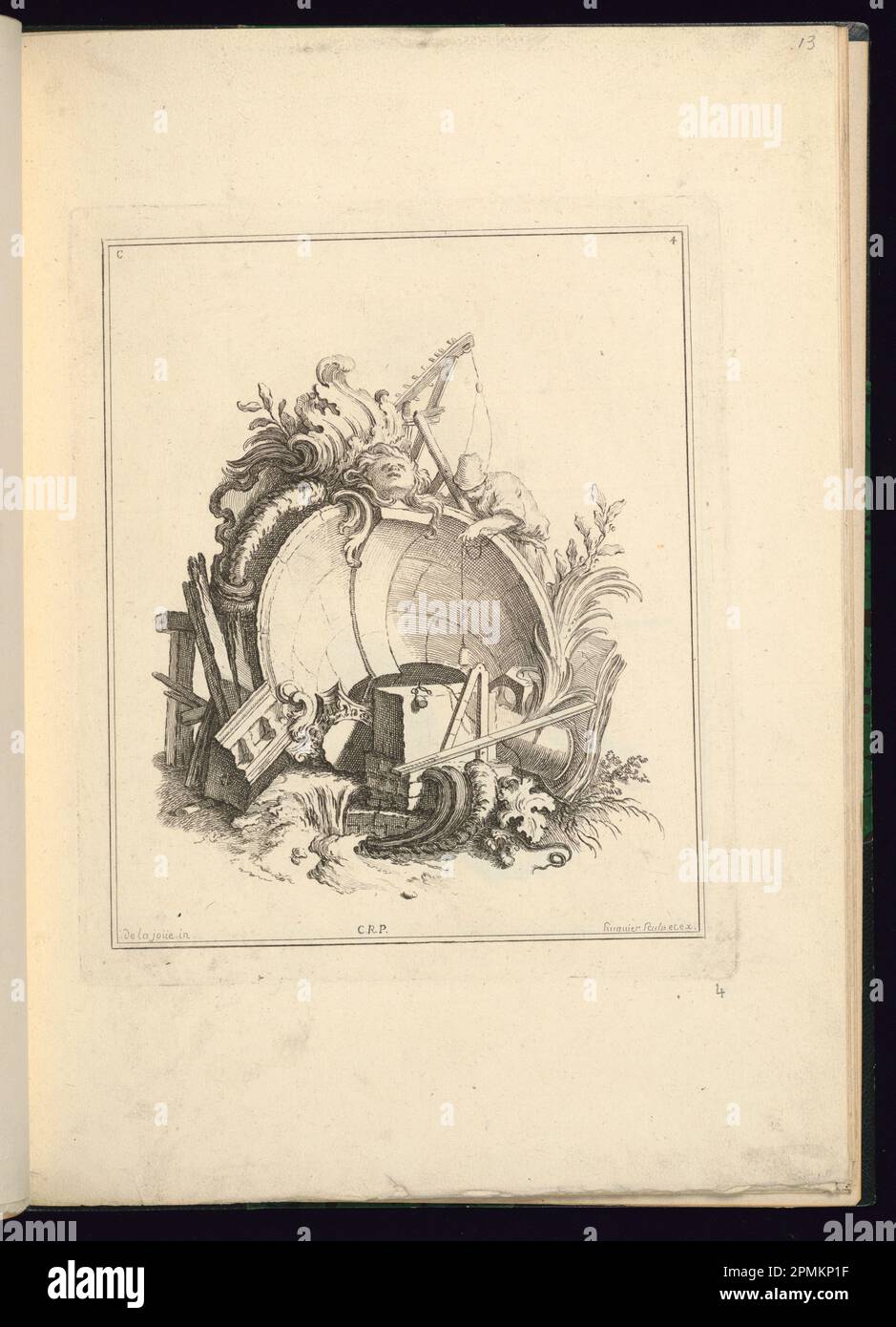 Imprimé, dessin pour une cartouche représentant l'architecture; conçu par Jacques de Lajoüe (français, 1687–1761); gravé par Gabriel Huquier (français, 1695–1772); France; gravure sur papier blanc; Platemark: 22,5 x 19 cm (8 7/8 x 7 1/2 po) Banque D'Images