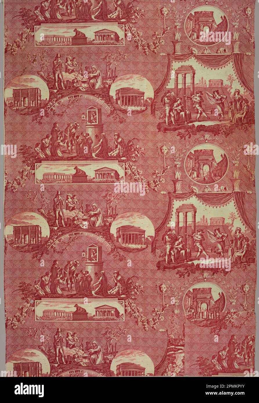 Textile, « les monuments de Roma » (monuments de Rome); conçu par Jean-Baptiste Huët (1745 – 1811); Société : Oberkampf & Cié. (France) ; France ; Warp x Weft : 145 x 96,5 cm (57 1/16 x 38 po.) Répéter H: 52 cm (20 1/2 po); Béquest d'Elinor Merrell; 1995-50-64 Banque D'Images