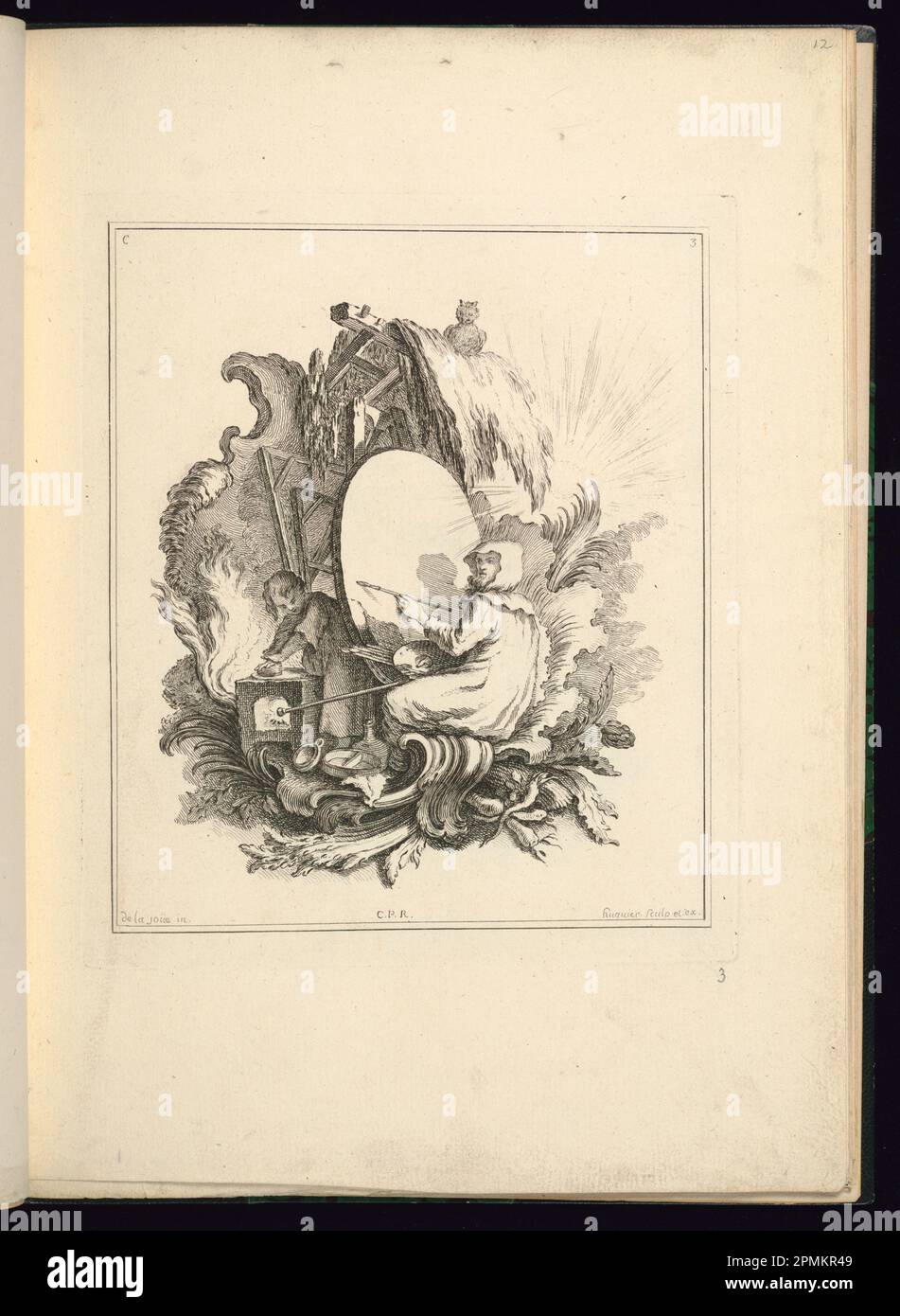 Imprimé, dessin pour une cartouche représentant une allégorie du peintre; conçu par Jacques de Lajoüe (français, 1687–1761); gravé par Gabriel Huquier (français, 1695–1772); France; gravure sur papier blanc; Platemark: 22 x 19 cm (8 11/16 x 7 1/2 po) Banque D'Images