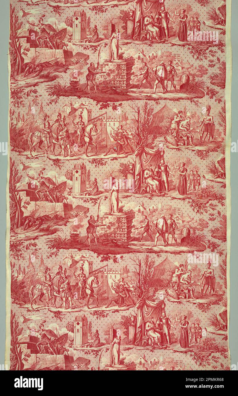 Textile, Jeanne d'Arc; conçu par Charles Abraham Chasselat (français, 1782 – 1843); fabriqué par Hartmann et fils (France); France; coton; Warp x Weft (a): 210,8 x 86,4 cm (6 pi. 11 po x 34 po) Gauchissement x trame (i) : 149,9 x 86,4 cm (59 x 34 po.) Répéter H (droit) : 61 cm (24 po) H x l (b) : 232,5 x 69 cm (7 pi 7 9/16 po x 27 3/16 po) H x l (c) : 176,6 x 87,6 cm (5 pi 9 1/2 po x 34 1/2 po) H x l (d) : 217,3 x 69 cm (7 pi 1 9/16 po x 27 3/16 po) H x l (e) : 223,6 x 69 cm (7 pi 4 1/16 po X 27 3/16 po); legs de Richard Cranch Greenleaf en mémoire de sa mère, Adeline Emma Greenleaf; Banque D'Images