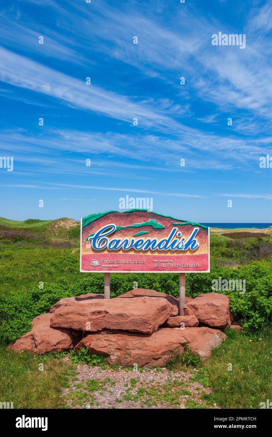 Cavendish – un panneau de destination touristique. Plage Cavendish, parc national de l'Île-du-Prince-Édouard, Canada Banque D'Images