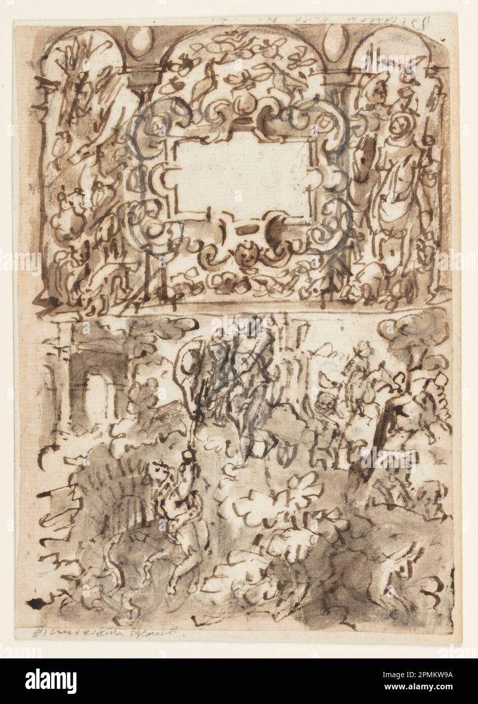 Dessin, page de titre pour une série de scènes de chasse [ci-dessus]; chasseur inexpérimenté attaqué par des serpents [ci-dessous]; Jan van der Straet, appelé Stradanus (flamand, 1523–1605); pays-Bas; stylo et encre brune, pinceau et lavage brun, sur craie noire, avec corrections en blanc sur papier couché; 14,2 × 10,3 cm (5 9/16 × 4 1/16 po) Banque D'Images