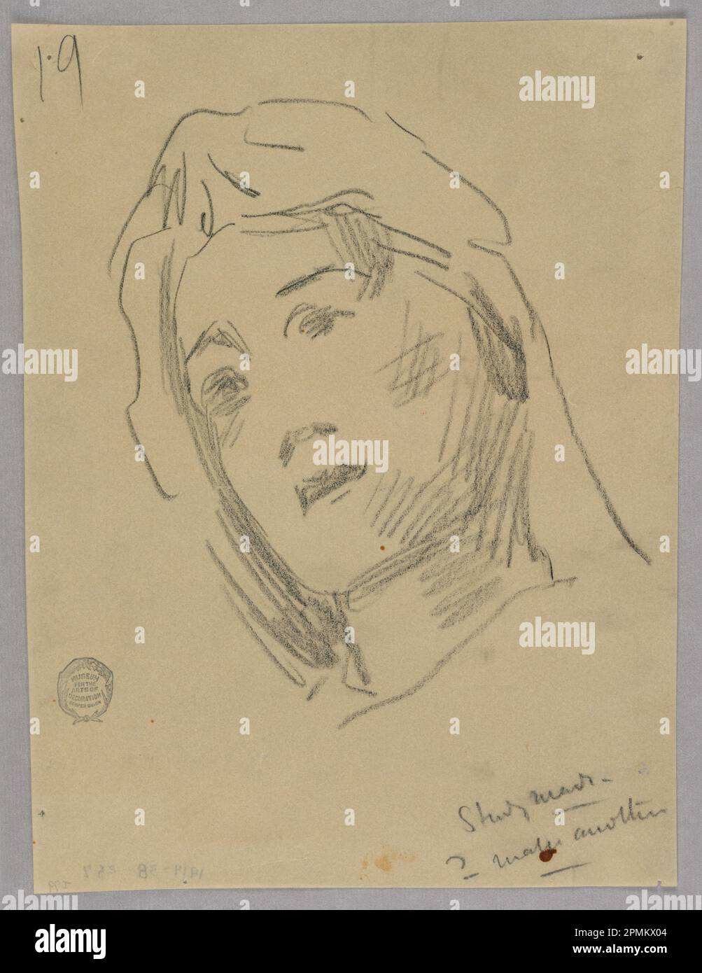 Dessin, croquis de la tête d'une femme; Francis Augustus Lathrop (américain, 1849 - 1909); États-Unis; crayon noir sur papier à tracer; 24,5 × 19 cm (9 5/8 × 7 1/2 po); 1914-38-257 Banque D'Images