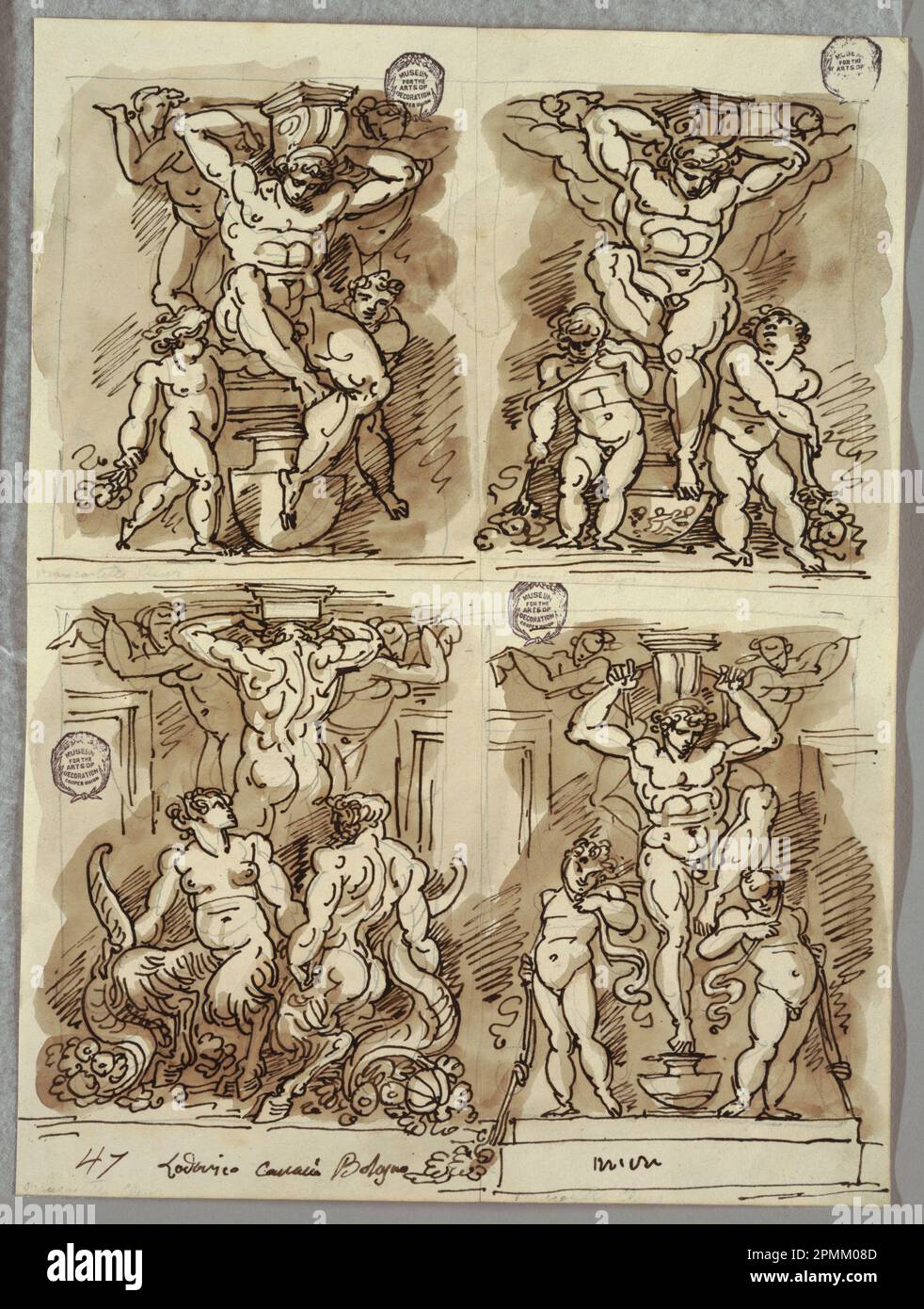 Sketchbook Folio, four Herms, Studies After the Carracci; conçu par Felice Giani (italien, 1758–1823); Italie; stylo et encre brune, brosse et lavage brun, sur craie noire sur papier blanc à gros clous de girofle; 30,7 x 22,8 cm (12 1/16 x 9 po) Banque D'Images