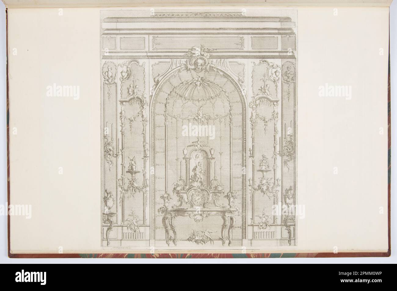 Imprimé, élévation d'un intérieur avec niche et table de console; conçu par Johann Michael Hoppenhaupt II (allemand, 1709–ca. 1778); Imprimeur: I. W. Meil (allemand); Allemagne; gravure et gravure sur papier blanc couté sur papier couté crème; feuille: 40,6 x 64,1 cm (16 po. x 25 1/4 po) Requin plat : 40,6 x 33,3 cm (16 po. x 13 1/8 po) Banque D'Images