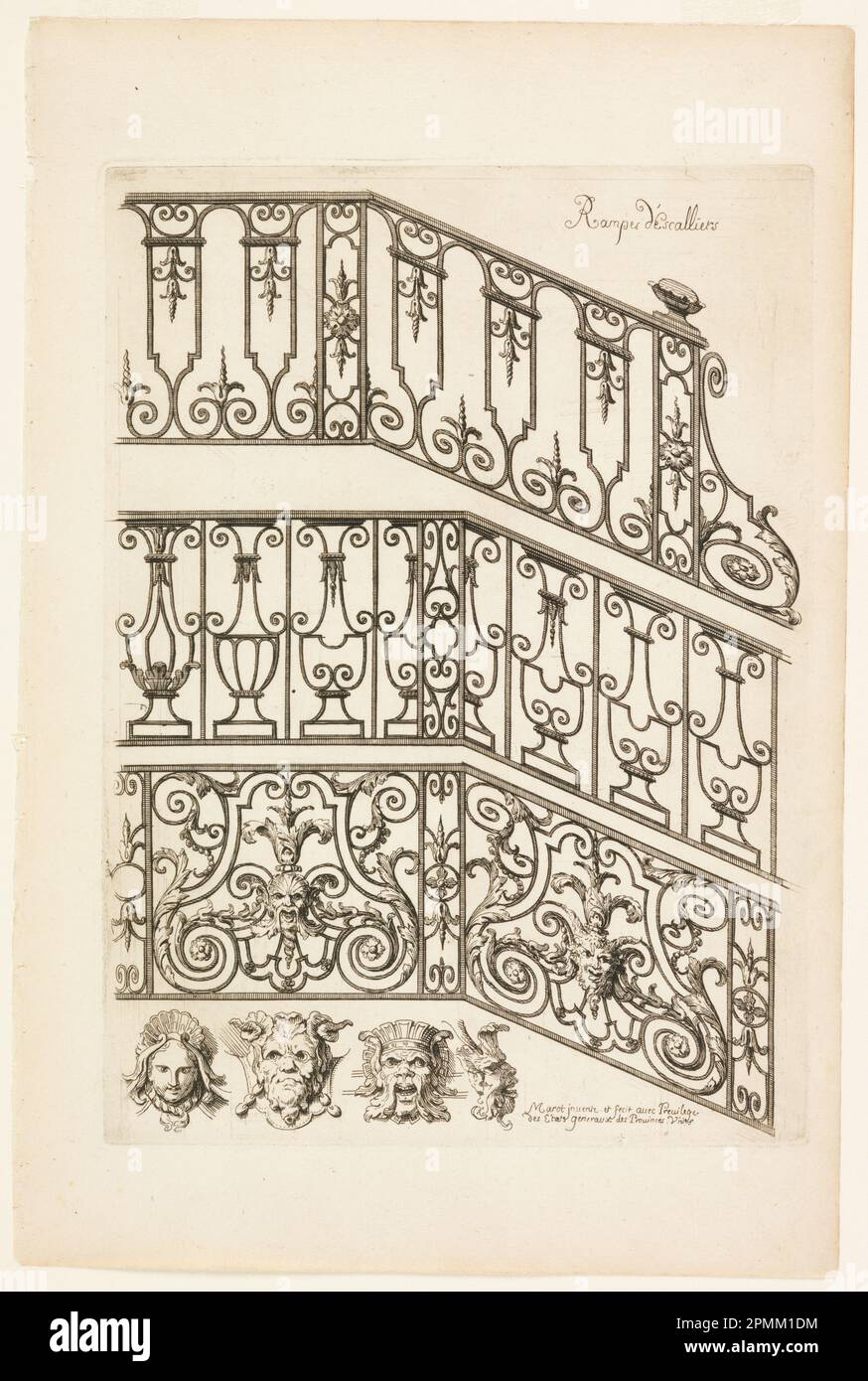 Imprimé, Rampes d'Escalliers (mains courantes), Nouveau Livre de Serrurie (Nouveau Livre d'Ironsmiting); conçu par Daniel Marot (français, actif aux pays-Bas et en Angleterre, 1661–1752); pays-Bas; gravure et gravure sur papier blanc; feuille: 35 x 23,5 cm (13 3/4 x 9 1/4 po) Requin plat : 27,6 x 20,3 cm (10 7/8 po. x 8 po) Banque D'Images