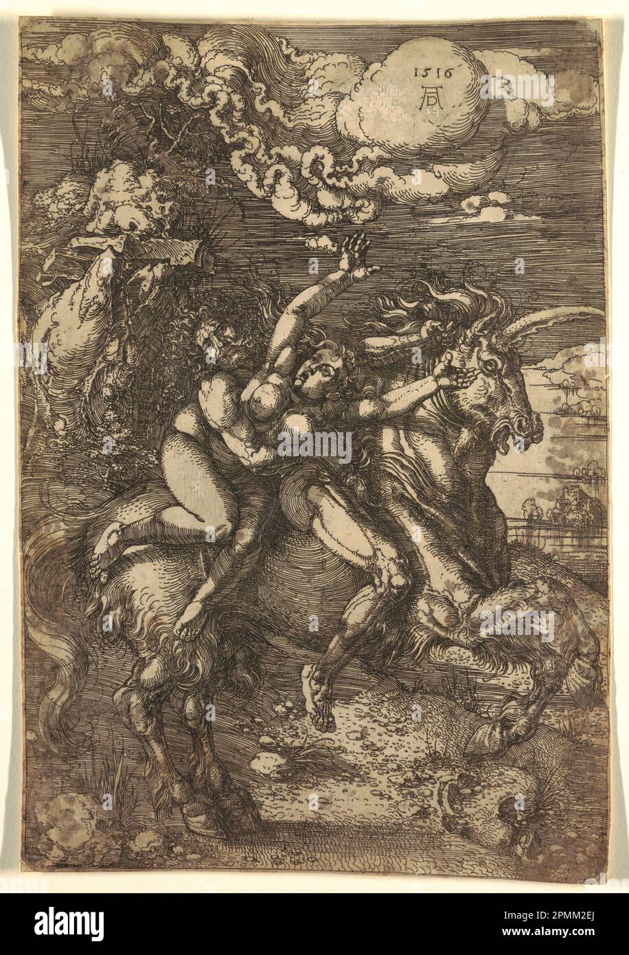 Imprimé, enlèvement de Proserpine sur une licorne, 1516; Imprimeur: Albrecht Dürer (allemand, 1471–1528); Allemagne; gravure sur papier blanc cassé; 30,8 x 21 cm (12 1/8 x 8 1/4 po); legs de George Campbell Cooper; 1896-3-43 Banque D'Images