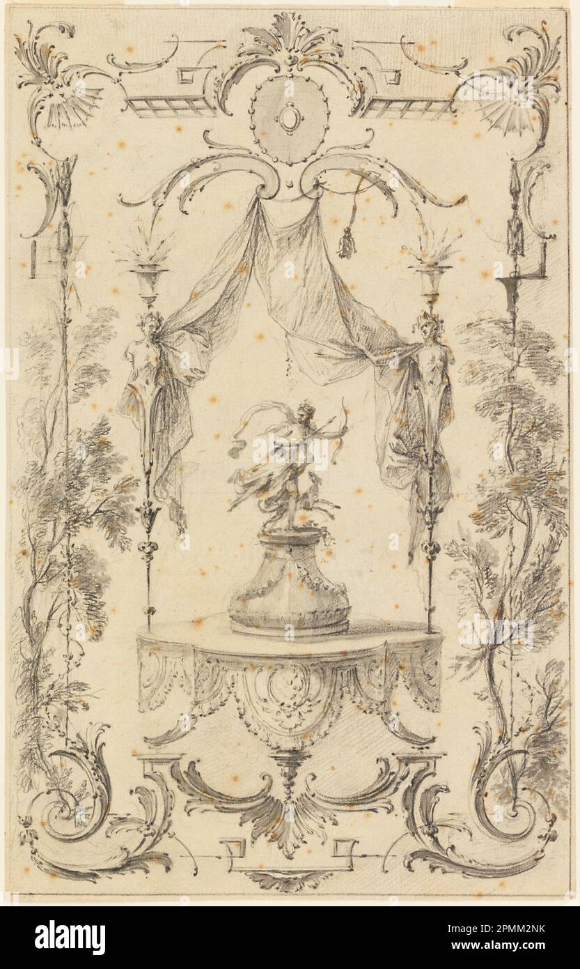 Dessin, dessin pour panneau mural sur le thème de Diana; Gabriel Huquier (français, 1695–1772); d'après Antoine Watteau (français, 1684 – 1721); France; craie noire, pinceau et lavage gris, traces de stylet sur papier crème; 30,4 x 19,4 cm (11 15/16 x 7 5/8 po) Banque D'Images