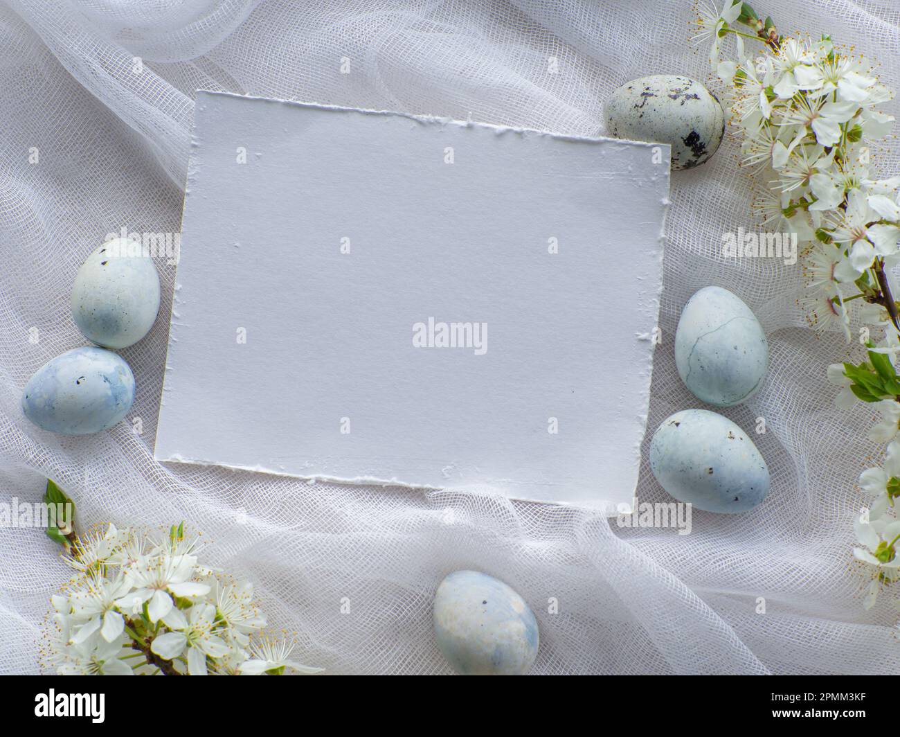 Œufs de pâques peints en bleu. Œufs de Pâques teints avec effet pierre de marbre couleur bleu clair sur fond blanc nappe avec fleur de cerisier. Oeufs Backgrou Banque D'Images