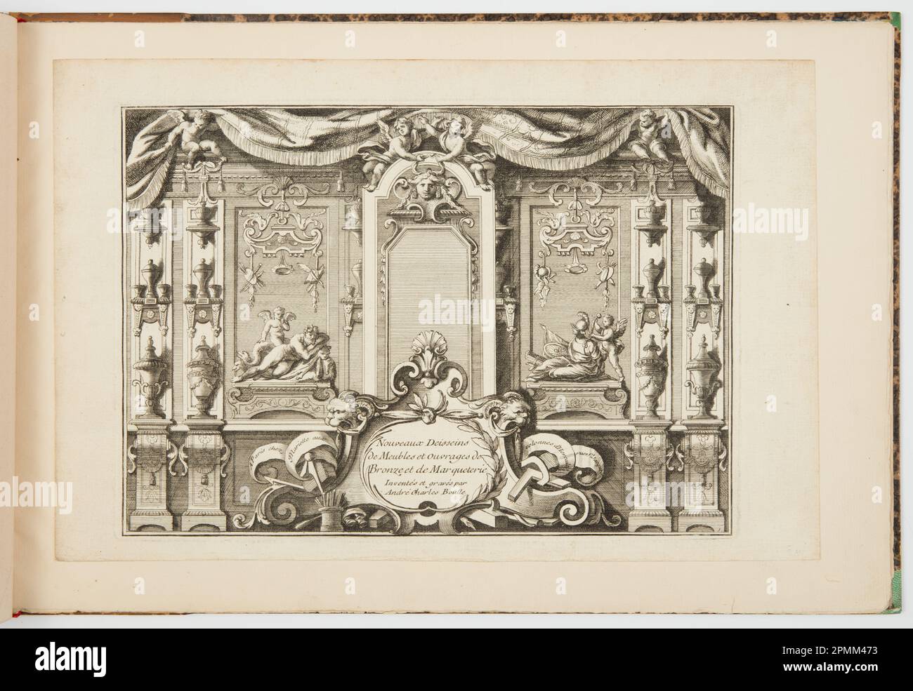 Imprimé (livre relié), nouveaux dépôts de meubles et ouvrages de bronze et de marqueterie (nouveaux dessins pour le mobilier et les œuvres de bronze et de marqueterie); conçu par André-Charles Boulle (français, 1642 – 1732); publié par Jean Mariette (1660–1742); France; gravure et gravure sur papier blanc cassé; feuille : 24 x 36,5 cm (9 7/16 x 14 3/8 po) Marq. Plateau : 20,9 x 29,9 cm (8 1/4 x 11 3/4 po.) Image : 20,7 x 29,2 cm (8 1/8 x 11 1/2 po.) Banque D'Images