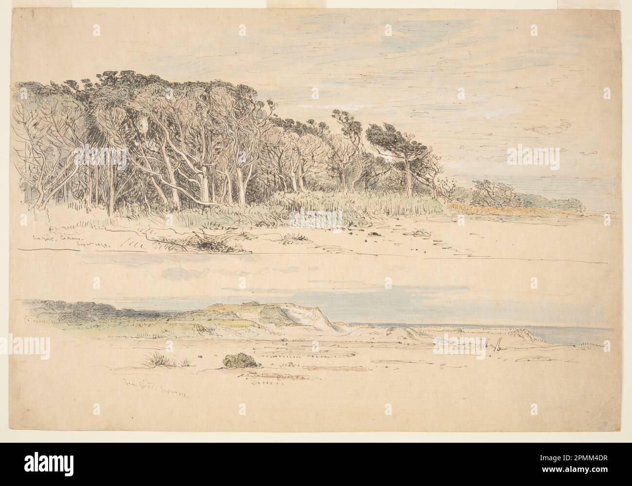 Drawing, Sea Girt, New Jersey; Samuel Colman (américain, 1832 - 1920); Etats-Unis ; stylo et encre noire, pinceau et aquarelle jaune, marron et bleue, gouache blanche, traces de graphite sur papier havane ; 34,5 x 50cm (13 9/16 x 19 11/16in.) Banque D'Images