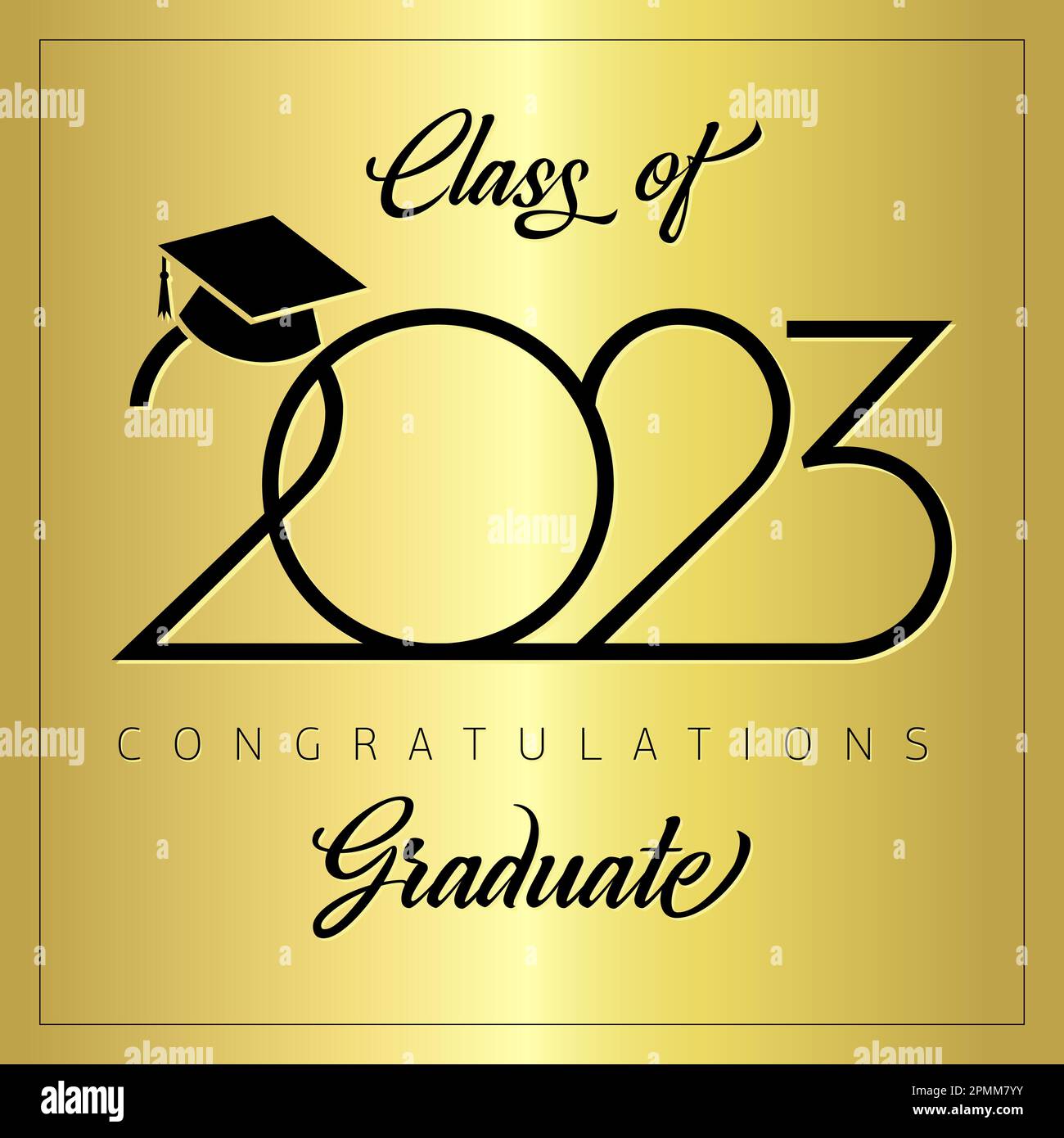 Classe de conception de 2023 diplôme. Concept de carte de vœux dorée avec logo vintage cursif et créatif 2023. Typographie élégante. Illustration de Vecteur