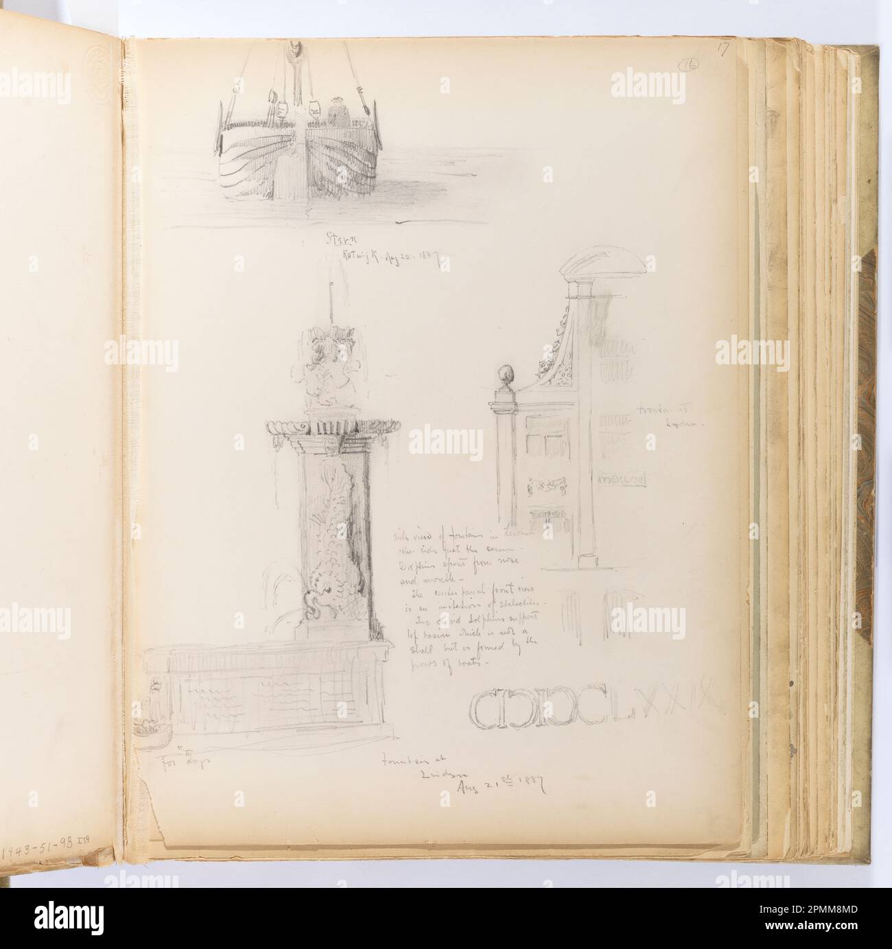 Album page, esquisses de bateau, fontaine et façade de bâtiment; Whitney Warren Jr (États-Unis, 1864–1943); pays-Bas; graphite sur carton crème avec reliure; 31,4 x 23,7 cm (12 3/8 x 9 5/16 po), irrégulier Banque D'Images