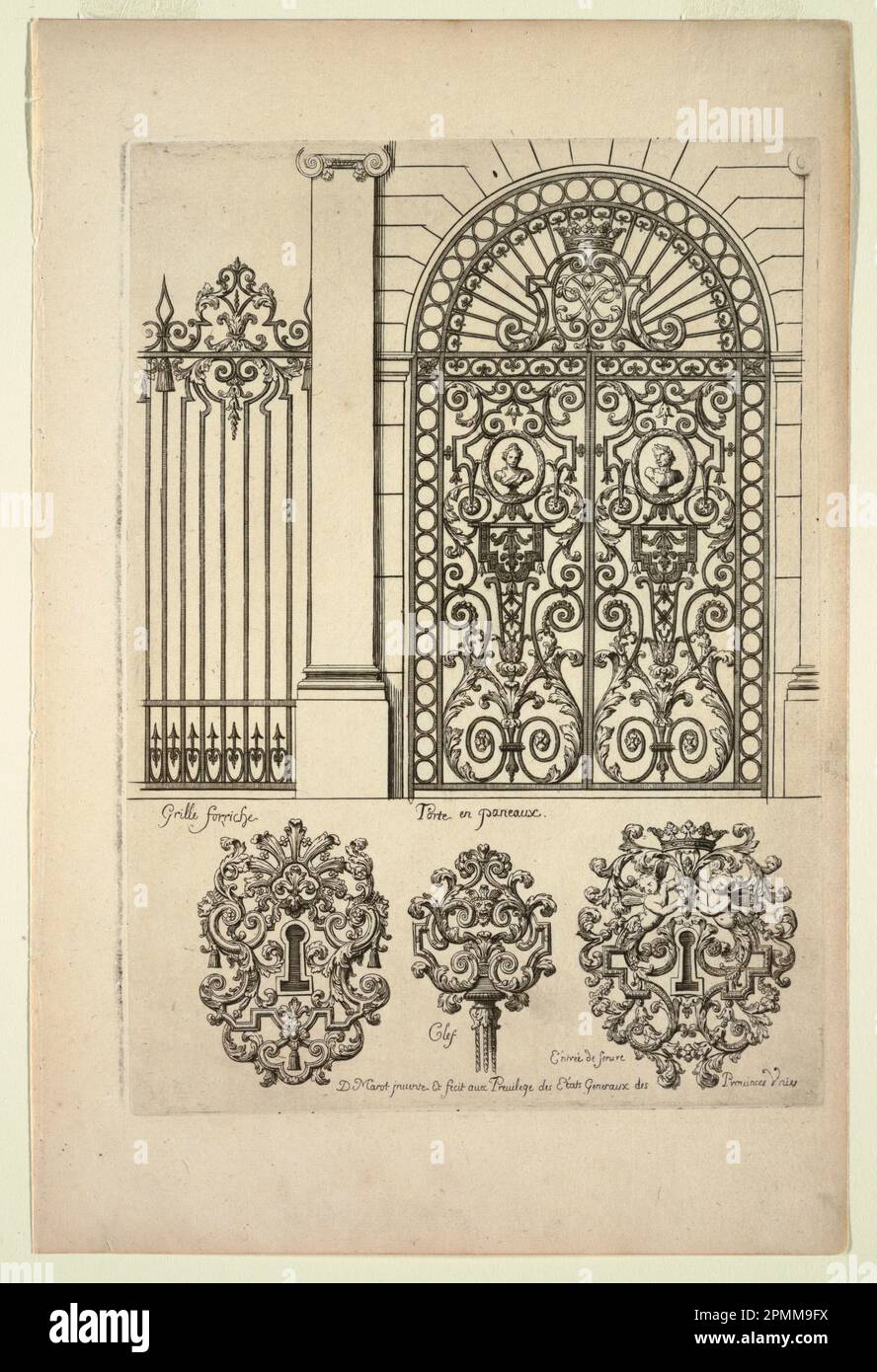 Imprimé, dessins pour une porte, un panneau de balustrade, deux ornements de trou de clé et un dessus de clé, en Nouveau Livre de Serrurie (Nouveau Livre d'Ironsmitthing); conçu par Daniel Marot (français, actif aux pays-Bas et en Angleterre, 1661–1752); France; gravure et encre noire sur papier crème Banque D'Images