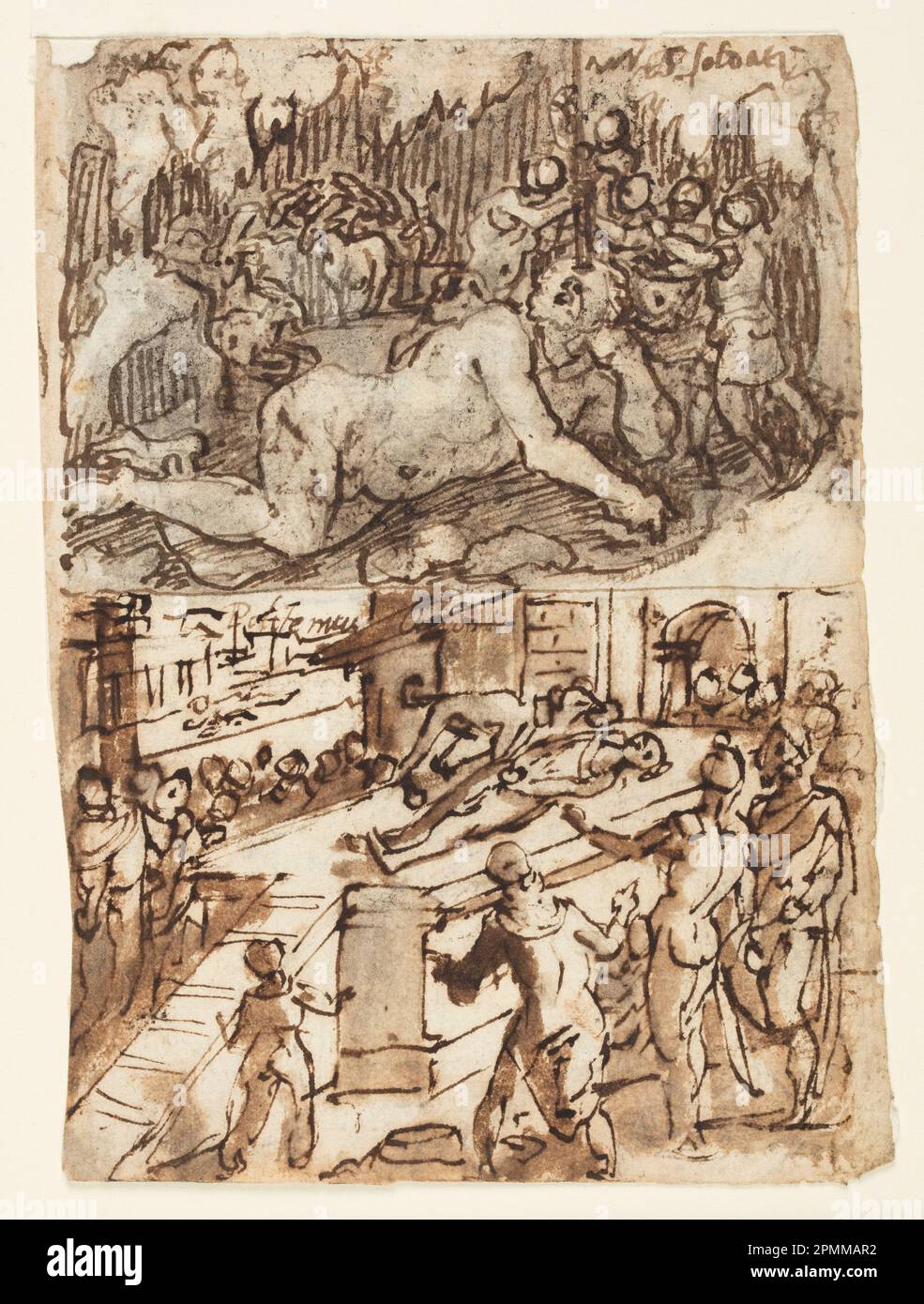 Dessin, à l'aveugle des Cyclops Polyphemus [ci-dessus]; la fidélité d'un chien romain [ci-dessous]; Jan van der Straet, appelé Stradanus (flamand, 1523–1605); Italie; stylo et encre brune, pinceau et lavage gris et brun, sur papier coulant; 15,2 x 11 cm (6 x 4 5/16 po) Banque D'Images