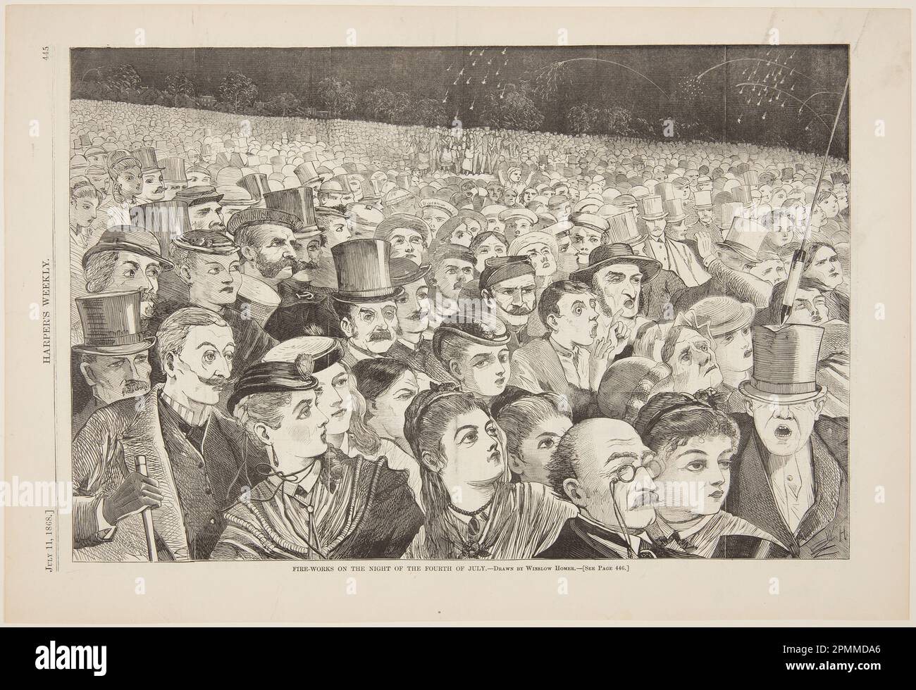 Imprimé, Fire-Works on the Night of the Fourth of July; Winslow Homer (américain, 1836–1910); publié par Harper's Weekly; USA; gravure en bois à l'encre noire sur papier; image: 23,4 × 35,3 cm (9 3/16 × 13 7/8 po) Banque D'Images