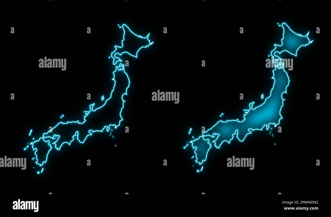 Carte du Japon sur fond noir, contour bleu brillant du Japon Banque D'Images