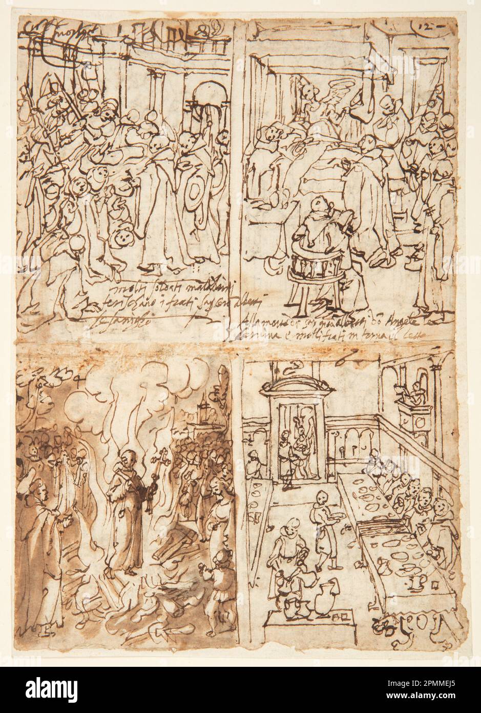 Dessin, huit scènes de la vie de San Giovanni Gualberto (recto et verso); Jan van der Straet, appelé Stradanus (flamand, 1523–1605); sujet: Saint Giovanni Gualberto (italien, 985 - 1073); pays-Bas; stylo et encre, pinceau et lavage brun sur papier ponté Banque D'Images