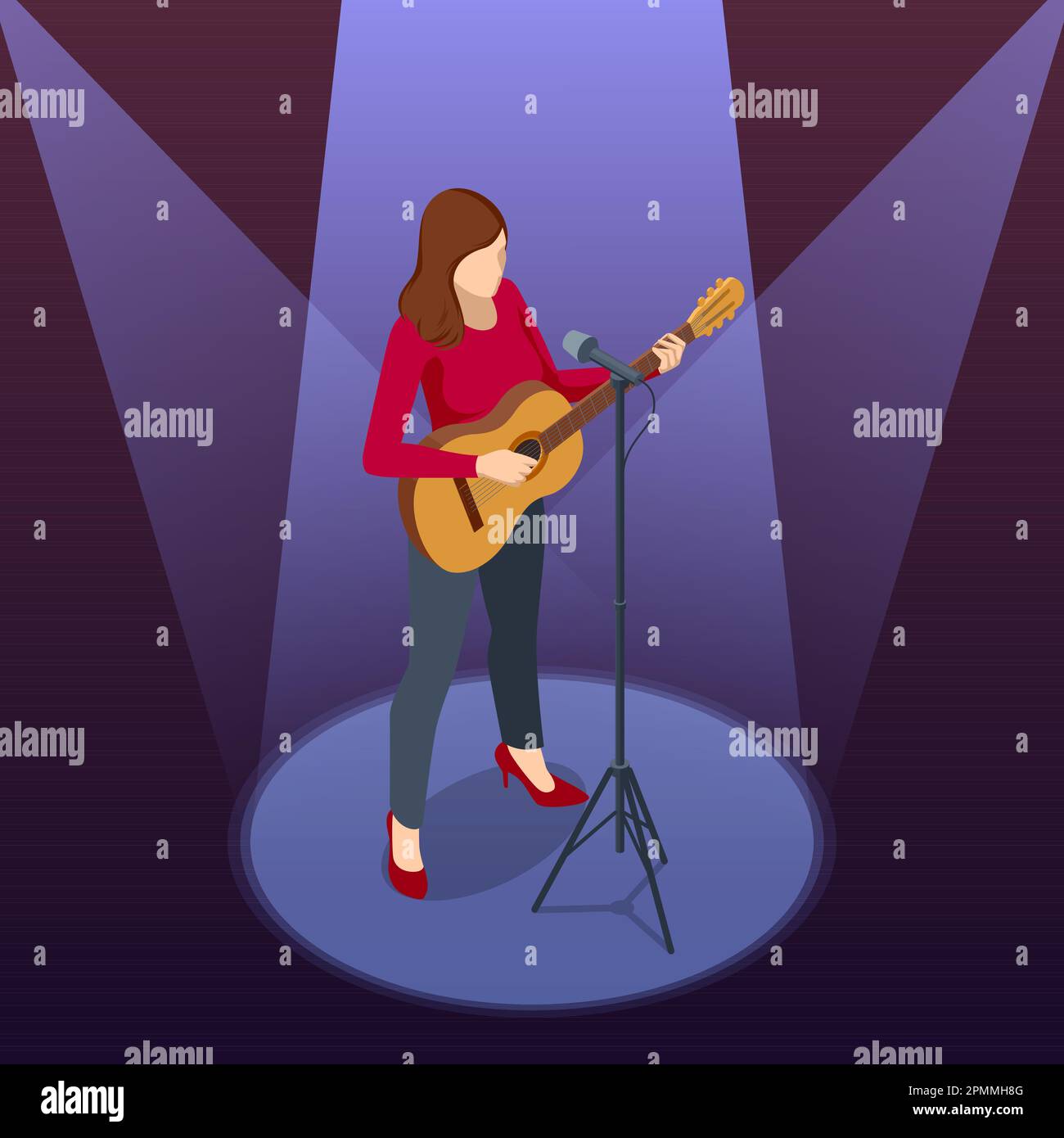 La femme isométrique se tient devant un microphone, joue la guitare et chante une chanson. Guitare classique acoustique à six cordes. Artiste vocal Illustration de Vecteur