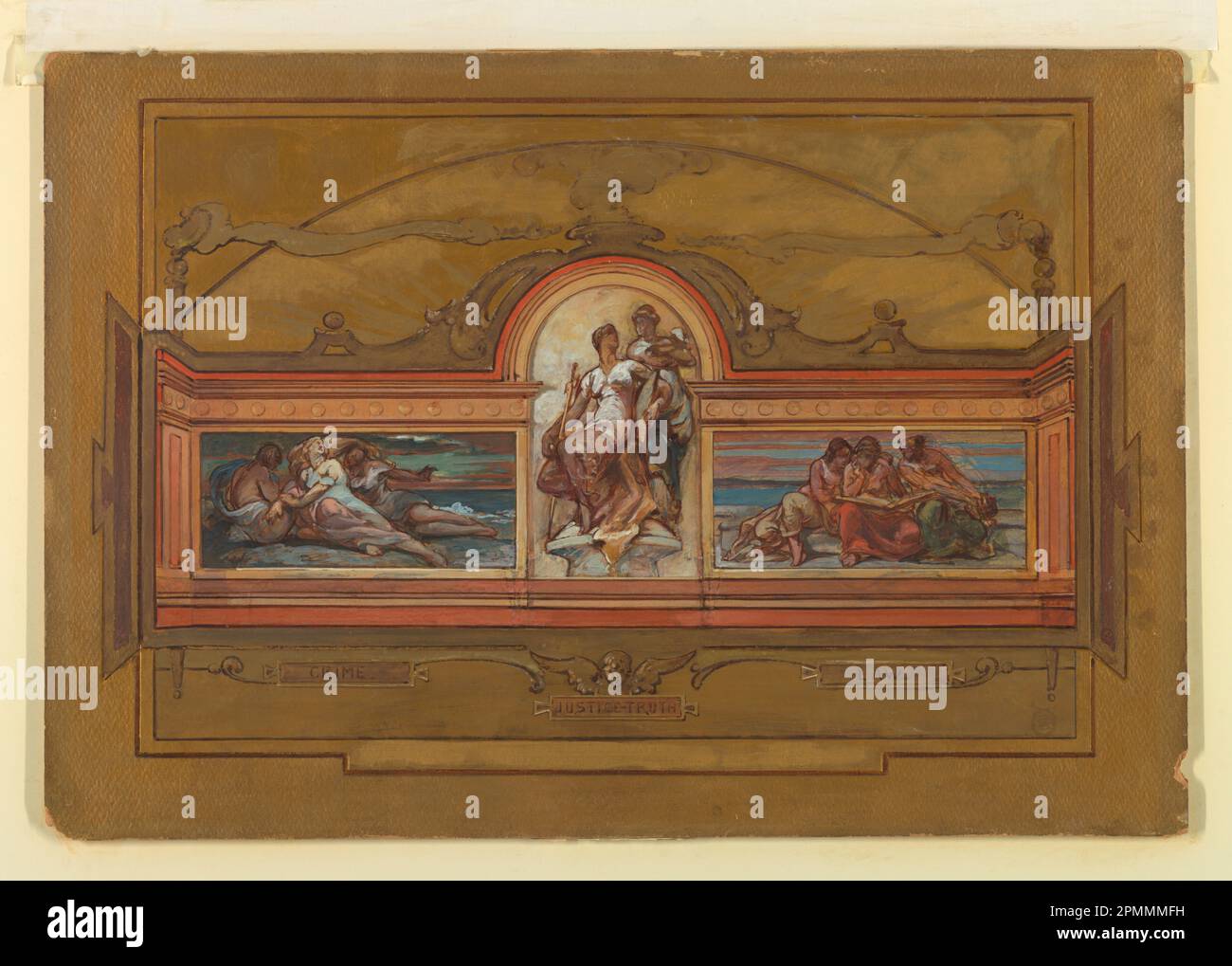 Dessin, design compétitif pour une fresque dans le palais de justice des États-Unis, New York; Walter Shirlaw (américain, né en Écosse, 1838–1909); Etats-Unis ; gouache, stylo et encre bleue, crayon noir, or sur carton ; 47,5 × 68,7 cm (18 11/16 × 27 1/16 po) Banque D'Images