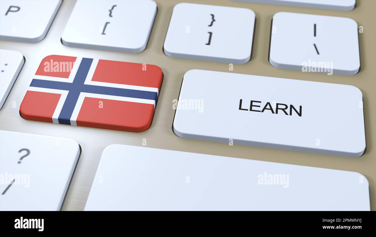 Apprendre le concept de langue norvégienne. Cours d'études en ligne. Avec texte sur le clavier. 3D Illustration. Banque D'Images