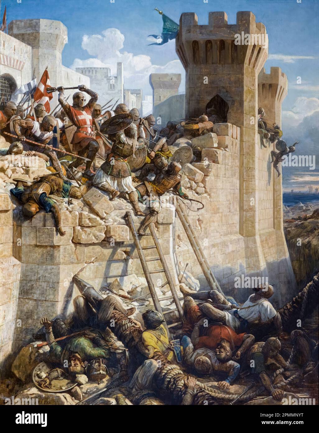 Croisades : le siège d'Acre (chute d'Acre), 1291. Maréchal des Chevaliers hospitaliers, Matthieu de Clermont, défendant les murs de la ville, peinture à l'huile sur toile par Dominique Papety, 1842-1845 Banque D'Images