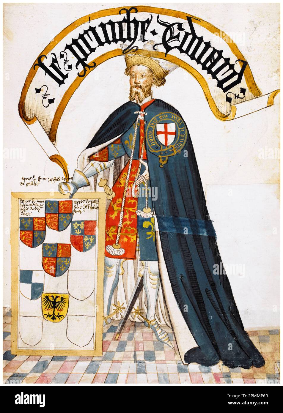 Edward de Woodstock, le Prince Noir (1330-1376), portant un manteau bleu décoré de l'ordre du Garter, portrait manuscrit illuminé de William Bruges, 1430-1440 Banque D'Images