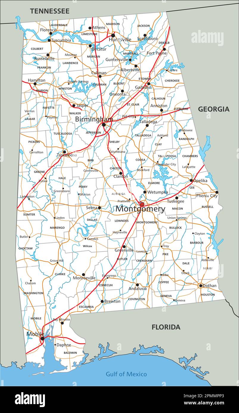 Feuille de route de l'Alabama très détaillée avec étiquetage. Illustration de Vecteur