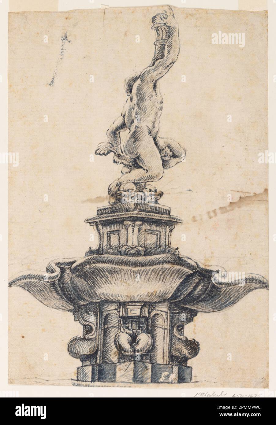 Dessin, dessin pour une fontaine Triton d'après Giambologna; fabriqué par Unknown; pays-Bas; craie noire, lavage gris ardoise sur papier couché; 37,5 x 26,0 cm (14 3/4 x 10 1/4 po. ); au point le plus haut à l'extrémité de la main relevée de Triton, au centre supérieur, la hauteur est de 38 cm Banque D'Images