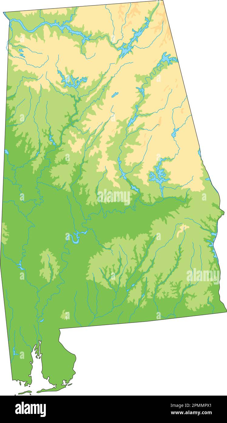 Carte physique haute précision de l'Alabama. Illustration de Vecteur