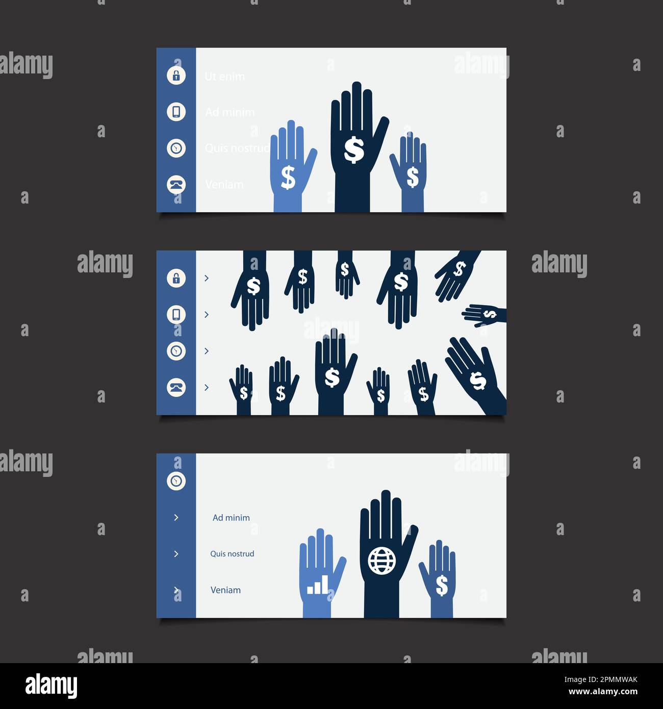Éléments de conception Web - ensemble de conception d'affiche supérieure avec mains et affiches en dollars Illustration de Vecteur