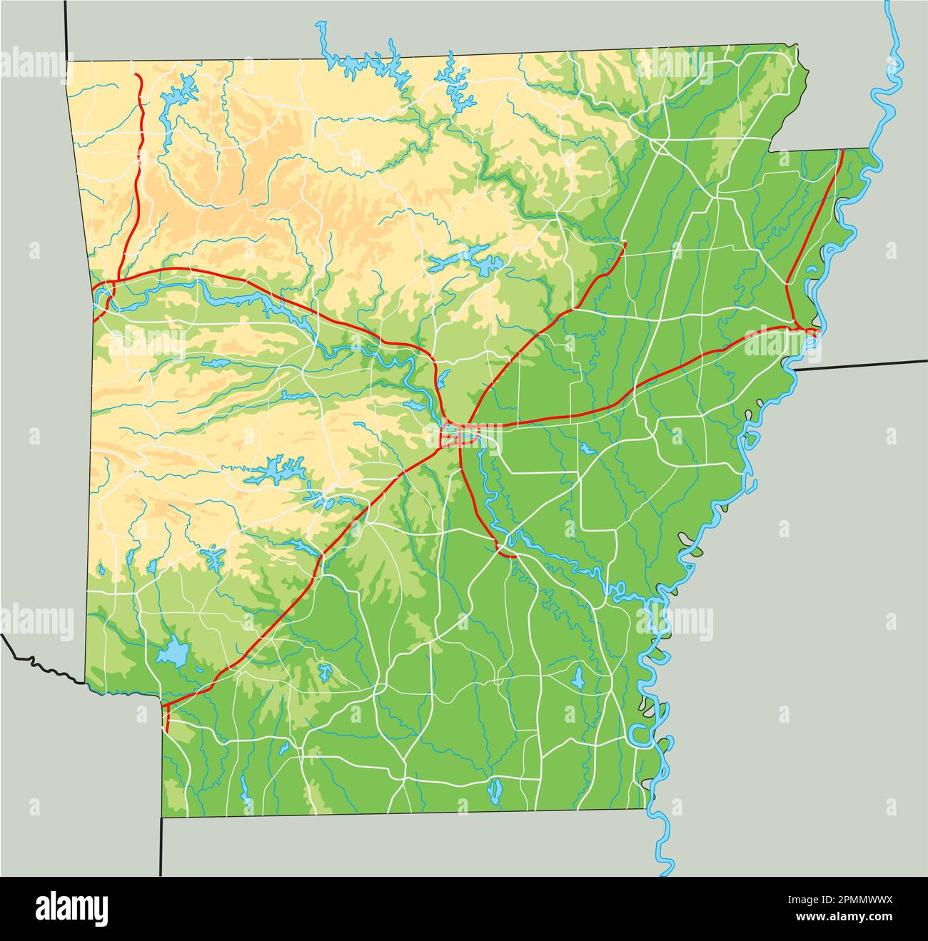 Carte physique haute précision de l'Arkansas. Illustration de Vecteur