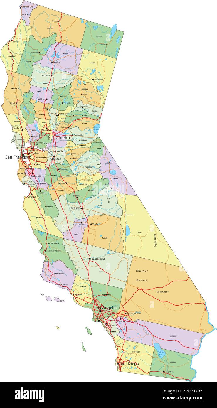 Californie - carte politique modifiable très détaillée avec étiquetage. Illustration de Vecteur