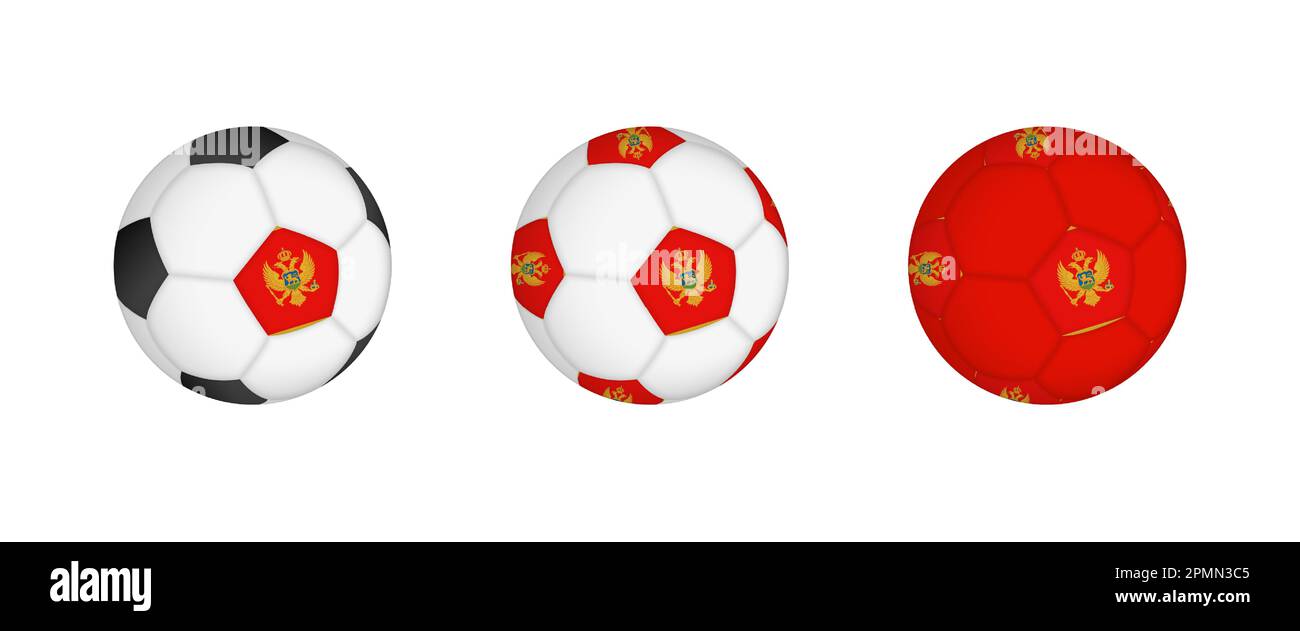 Collection ballon de football avec drapeau du Monténégro. Maquette d'équipement de football avec drapeau dans trois configurations distinctes. Maquette vectorielle. Illustration de Vecteur
