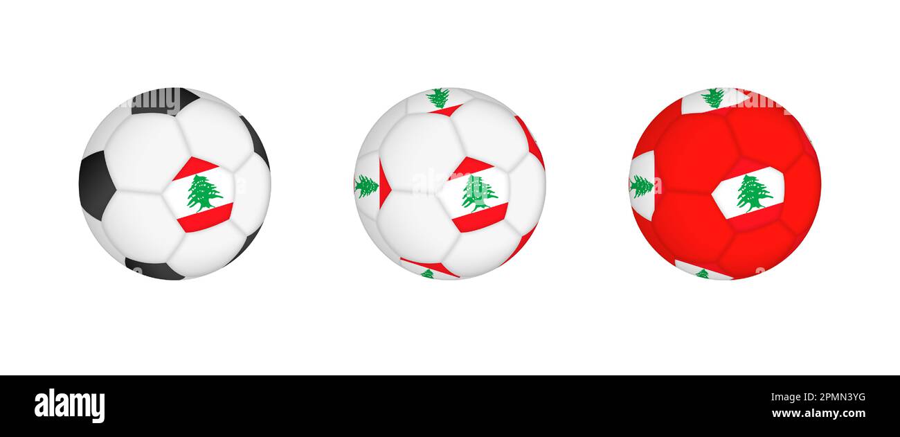 Collection ballon de football avec le drapeau libanais. Maquette d'équipement de football avec drapeau dans trois configurations distinctes. Maquette vectorielle. Illustration de Vecteur