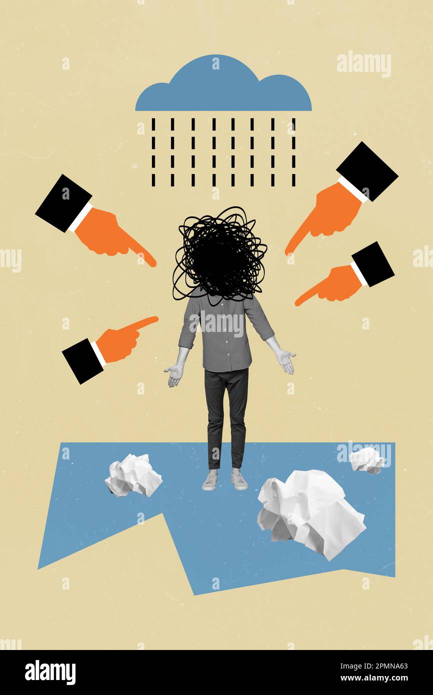 Image de collage vertical des bras pointe des doigts mini noir blanc gamma Guy mess au lieu de la tête froissés papier pluie nuage isolé sur fond beige Banque D'Images