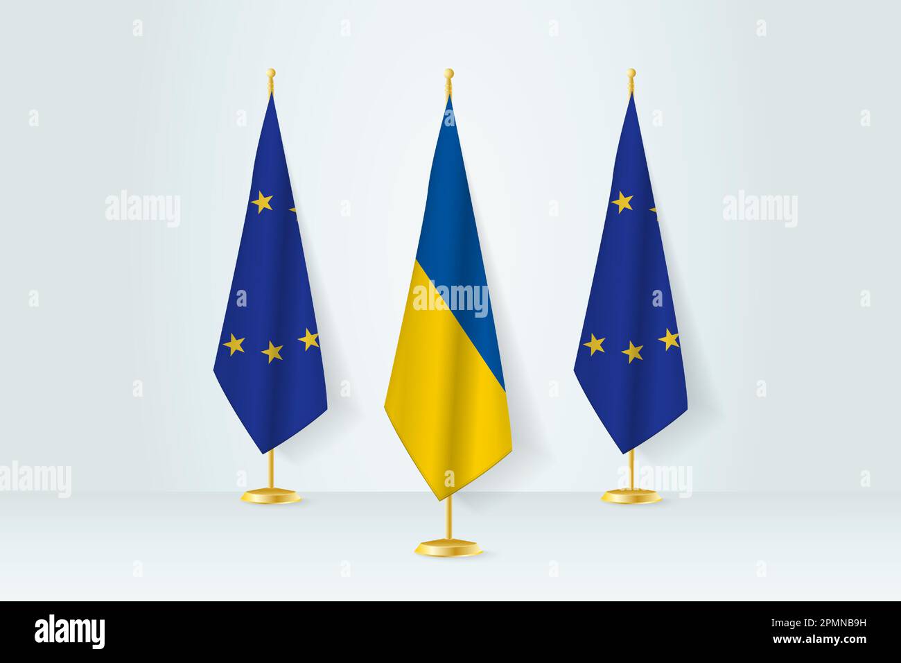 Concept de rencontre entre l'Ukraine et l'Union européenne. Drapeaux sur un support de drapeaux. Illustration de Vecteur