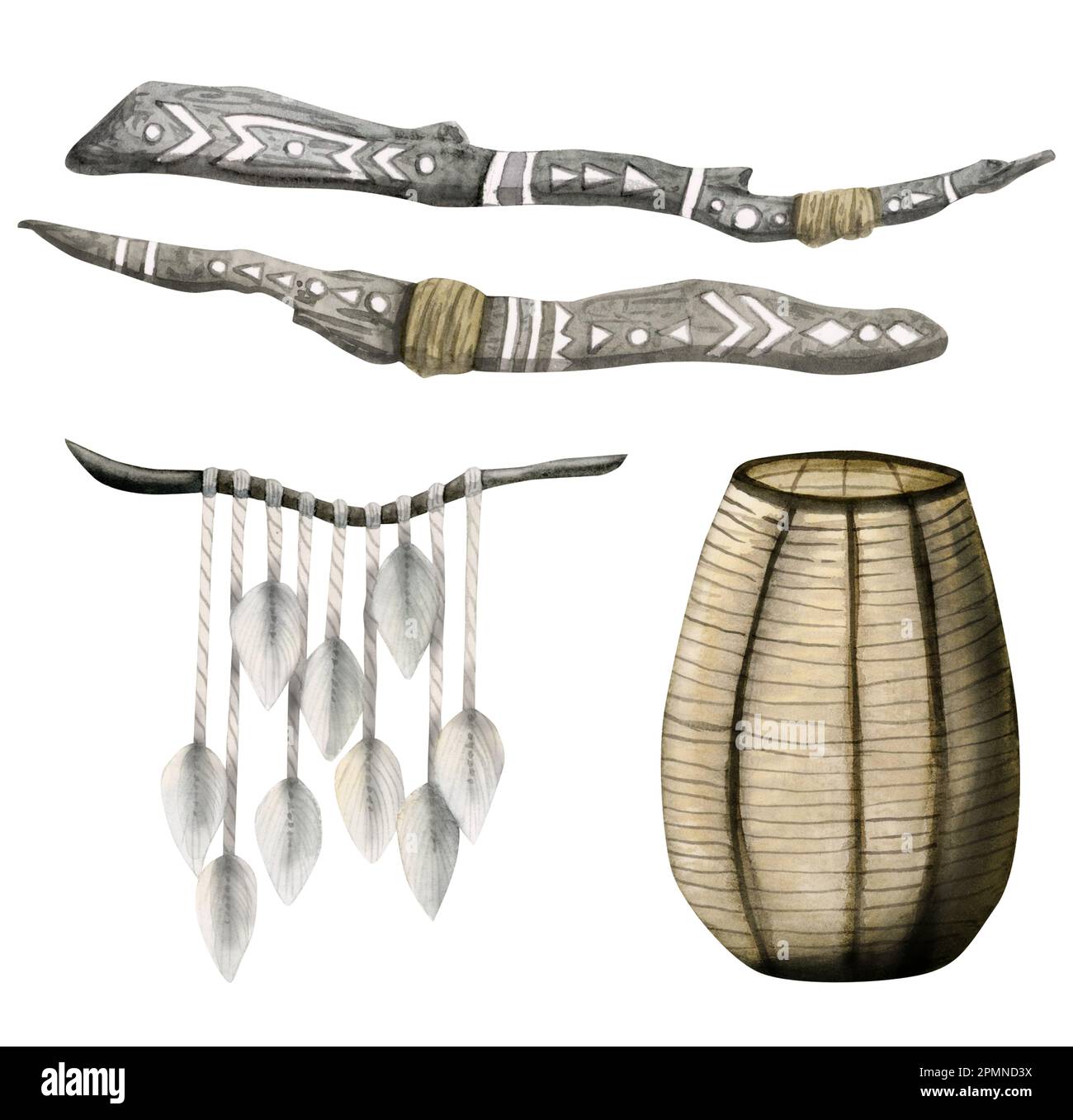 Éléments intérieurs boho aquarelle. Illustration en couleur dessinée à la main de la réception de rêve, de la macrerie suspendue au mur, du décor rond en osier, des chandeliers Banque D'Images