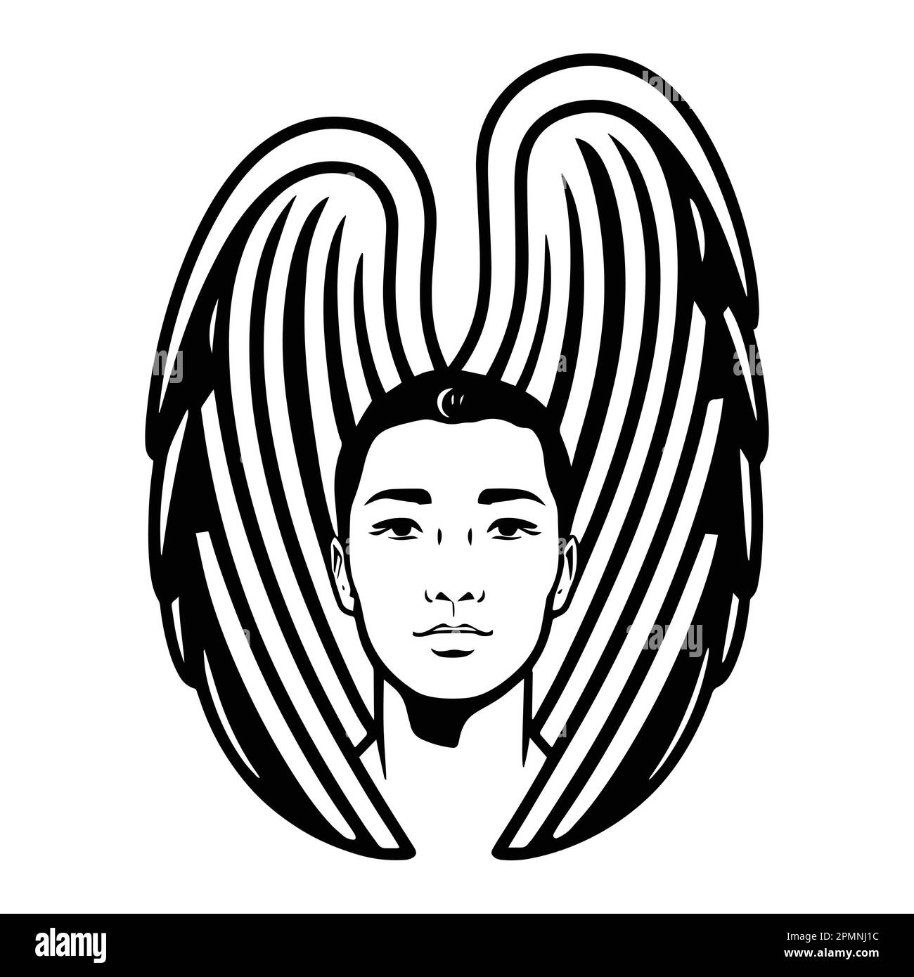 Ange mâle noir et blanc avec ailes, rétro religion isolée illustration avec motif chrétien Illustration de Vecteur