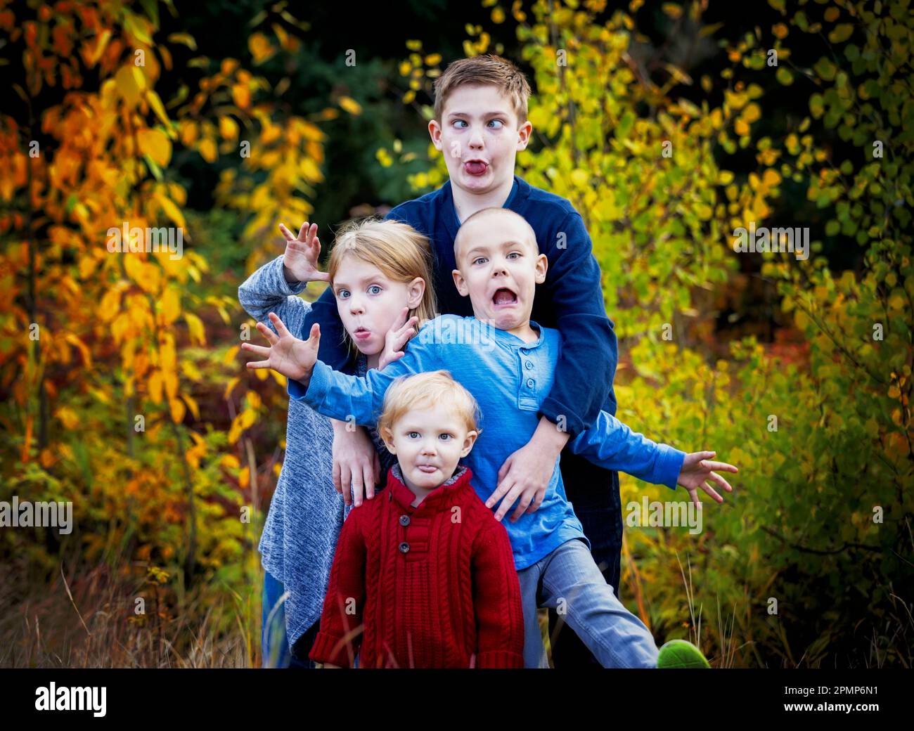 Portrait extérieur de quatre jeunes frères et sœurs faisant des visages amusants; Edmonton, Alberta, Canada Banque D'Images