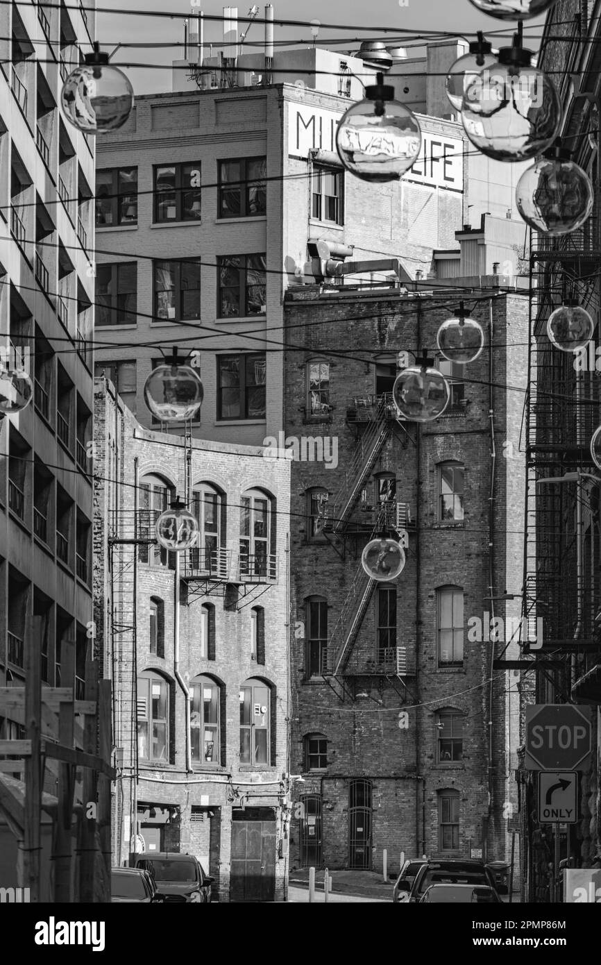 Image en noir et blanc de globes lumineux en verre clair suspendus entre de vieux bâtiments en briques sur Post Avenue à Seattle, Washington, États-Unis Banque D'Images