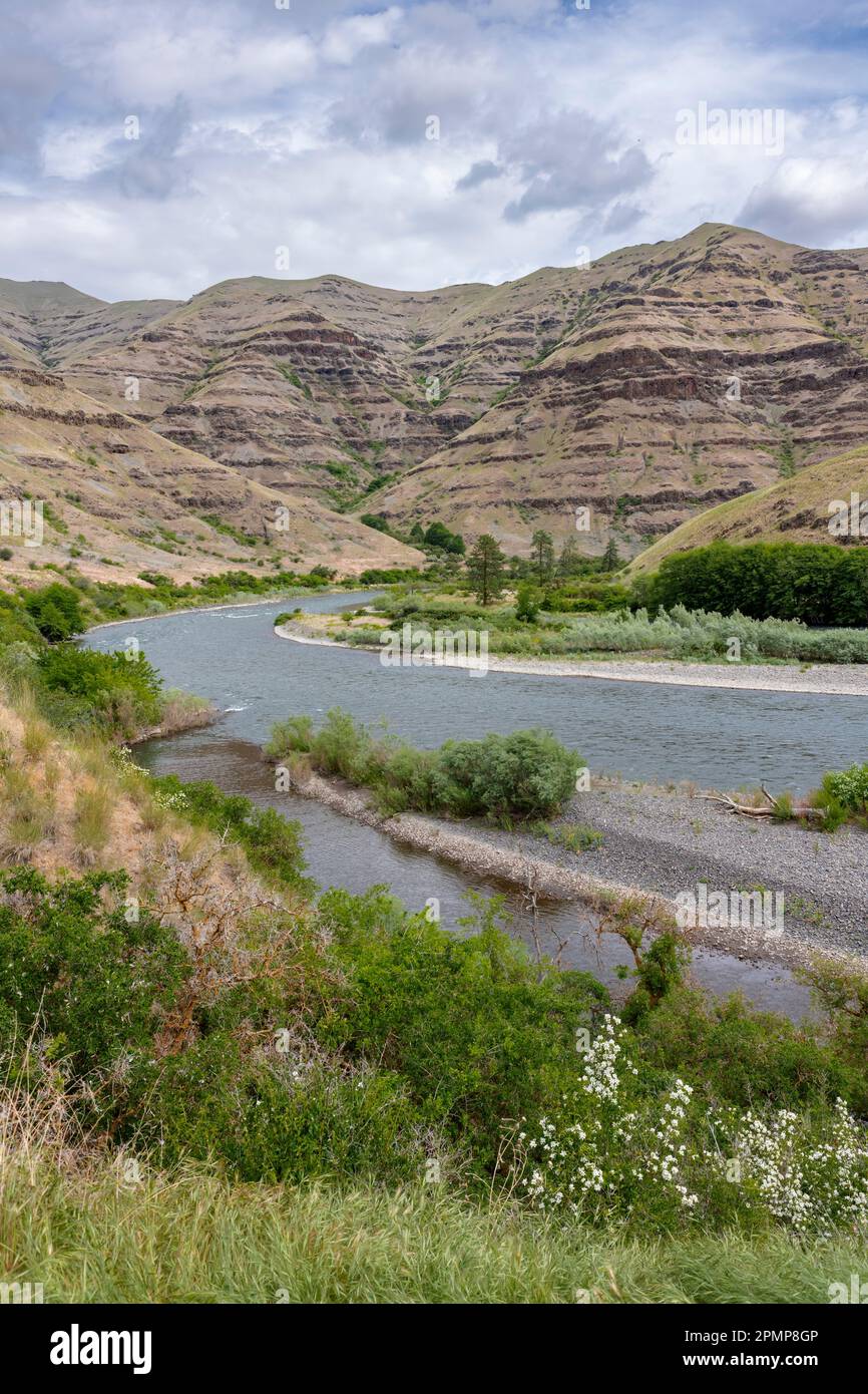 Des barres de gravier de la rivière Snake sauvage et les falaises géologiques et érodantes exposées, vues du côté de Washington, en regardant de l'autre côté de l'Idaho Banque D'Images