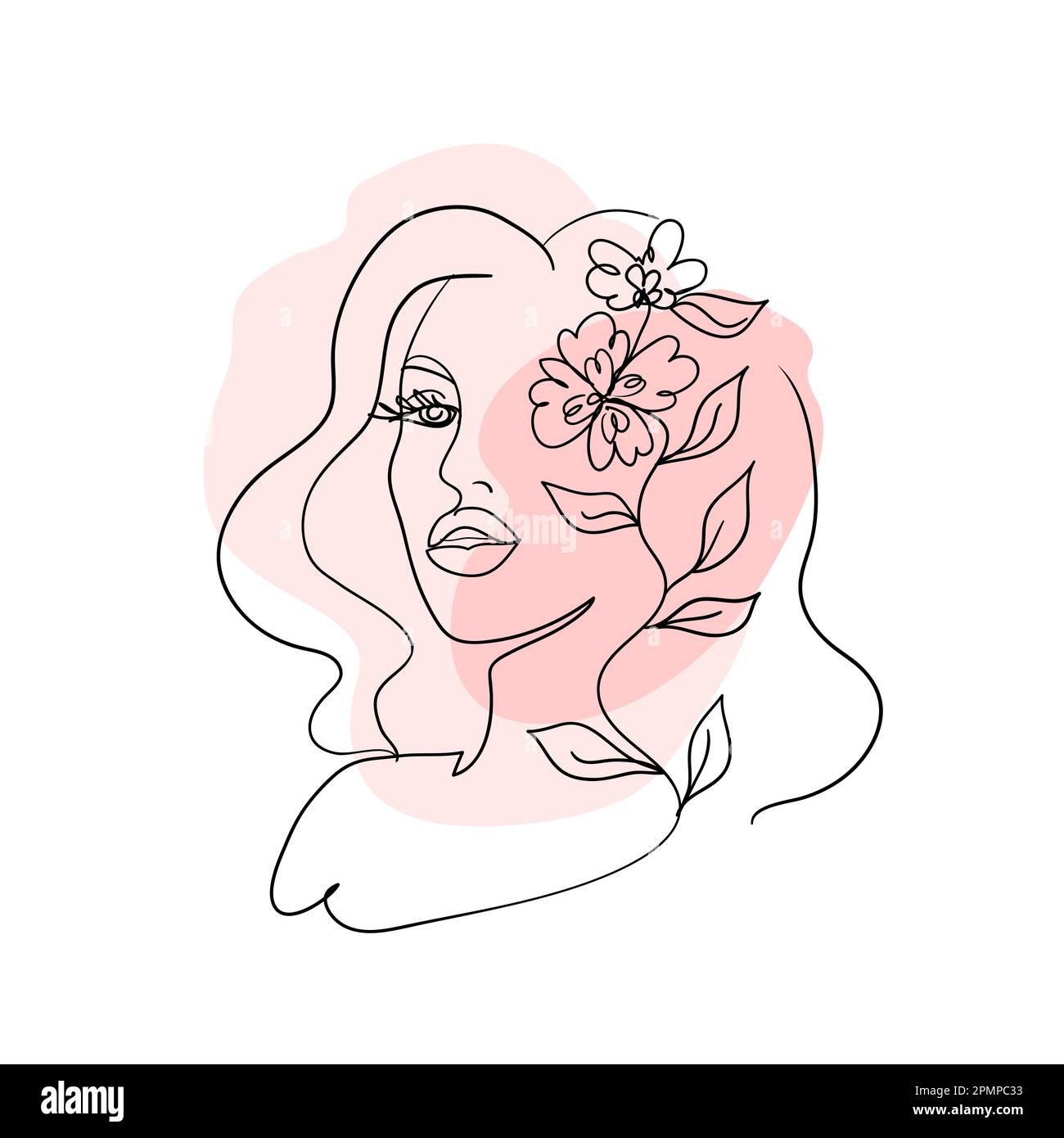 Beau visage d'une femme avec des fleurs. Illustration vectorielle de stock isolée sur fond blanc.Imprimer. Illustration de Vecteur