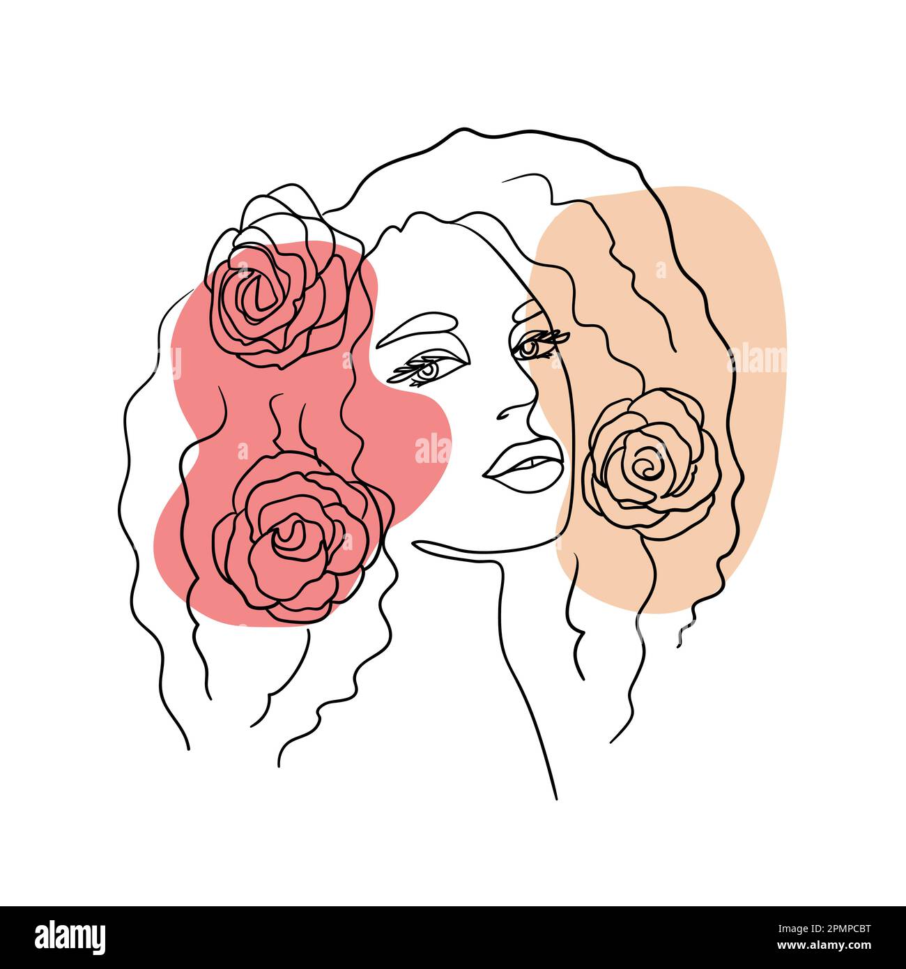 Beau visage d'une femme avec des fleurs et des formes colorées.une ligne. Illustration de stock isolée sur fond blanc.Imprimer. Illustration de Vecteur