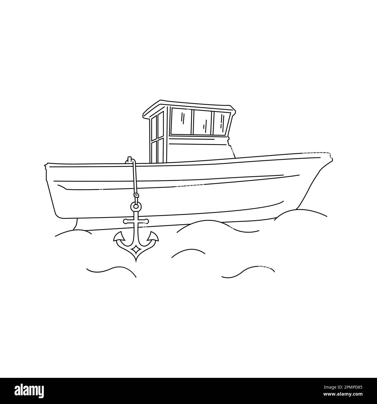 Joli bateau de mer avec ancre. Illustration vectorielle isolée de style linéaire. Clipart simple. Elément de conception. Vie marine et voyages. Croisières et Illustration de Vecteur