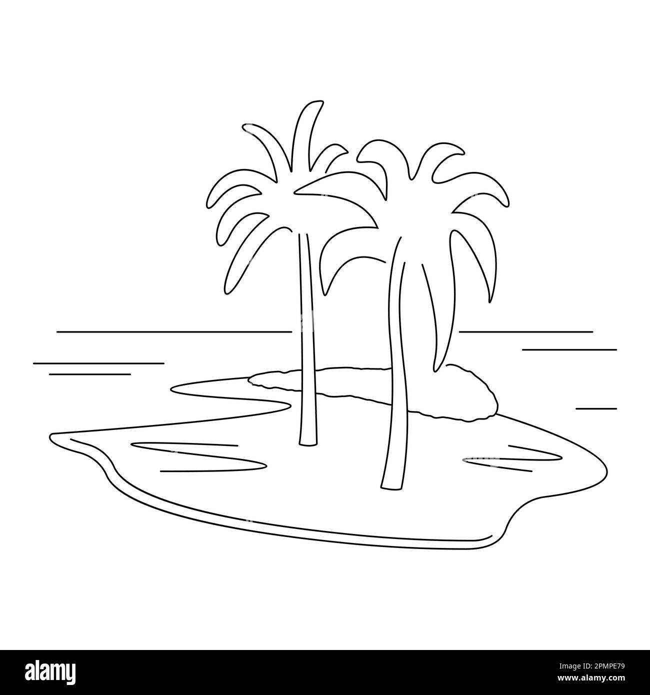 Adorable île de dessin animé dans le désert avec palmiers. Illustration vectorielle isolée de style linéaire. Clipart simple. Elément de conception. Vie en mer et voyages Illustration de Vecteur