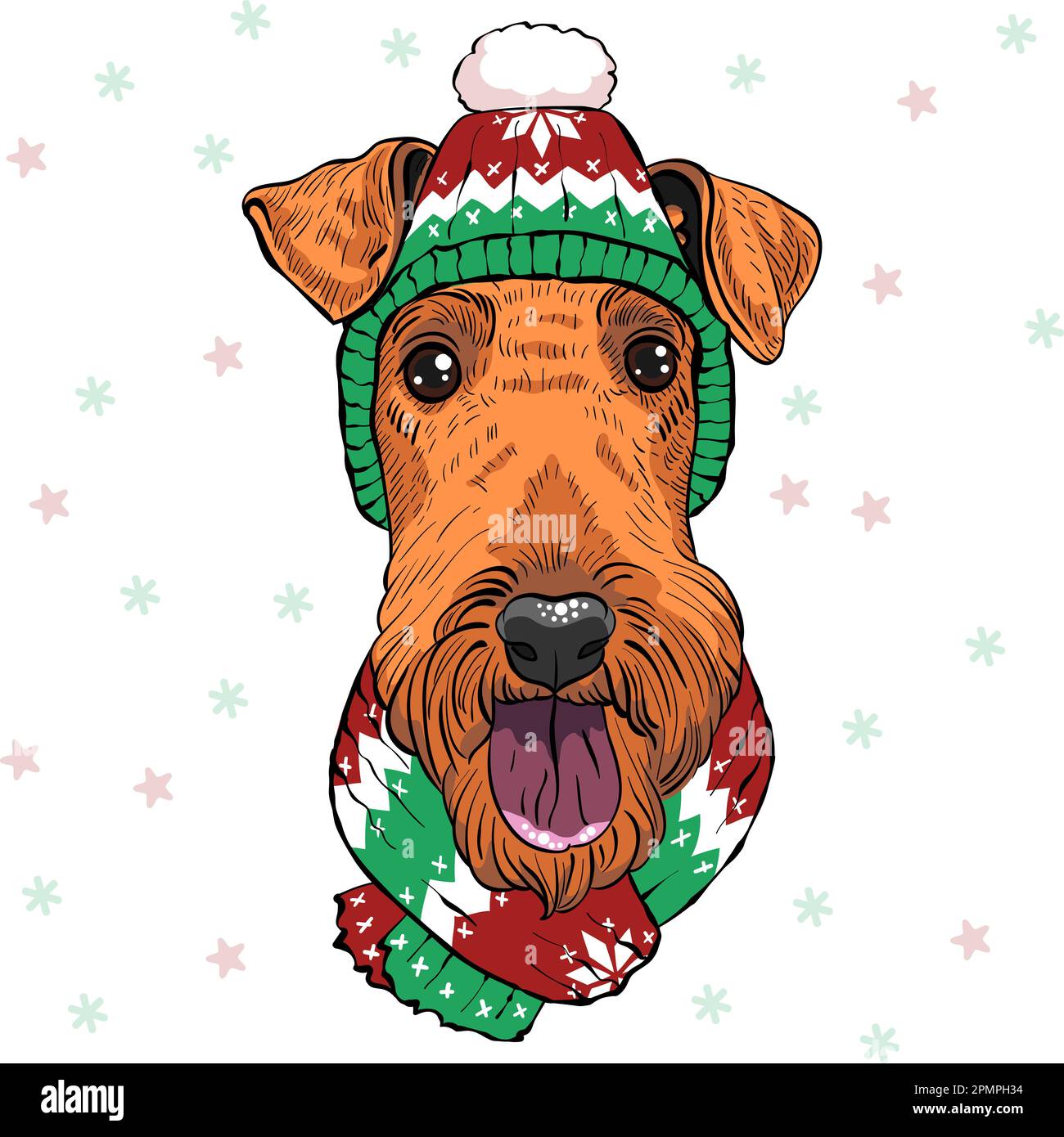 Style vectoriel chien hippster Airedale Terrier en chapeau de noël et foulard Illustration de Vecteur