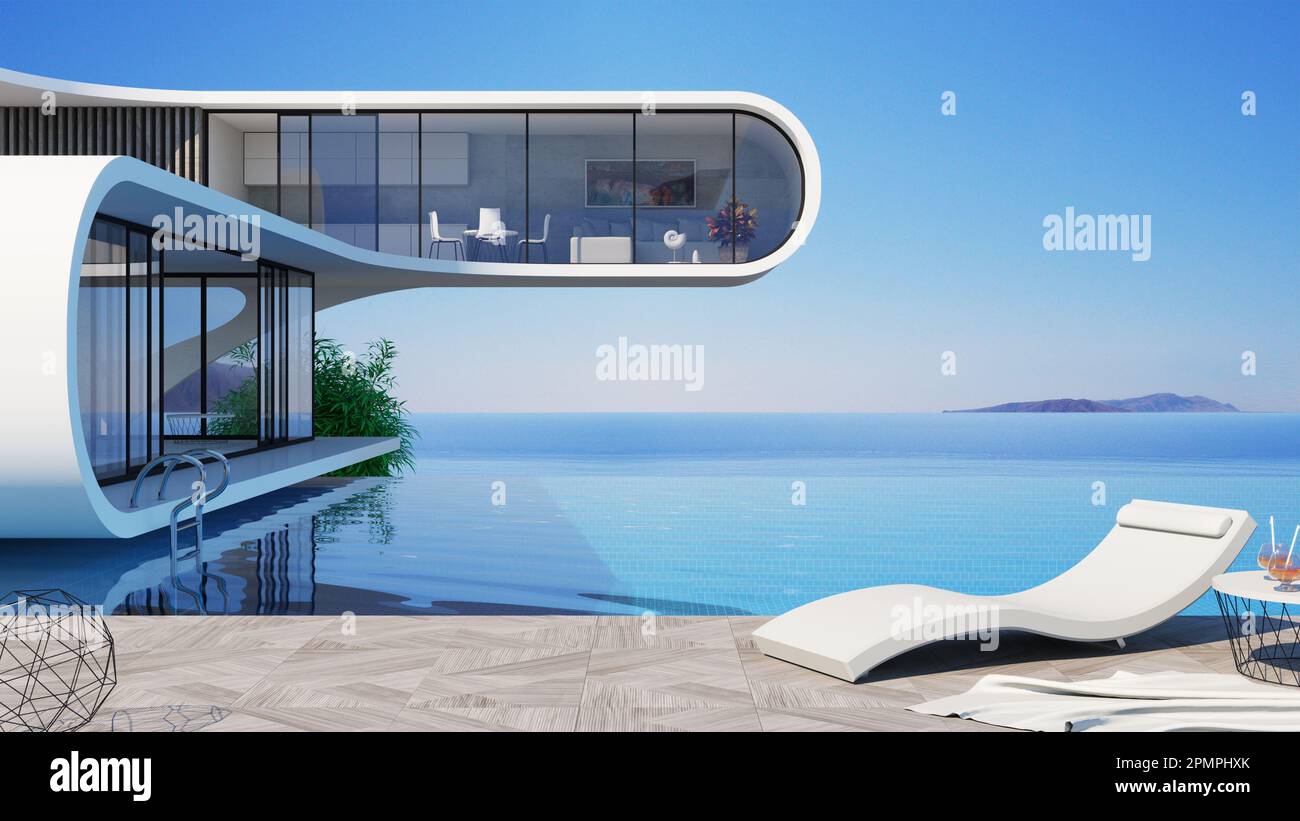 Villa futuriste moderne piscine sur la mer Banque D'Images